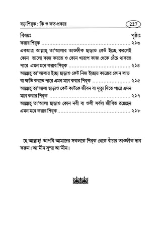 227eo wkiK : wK I KZ cÖKvi
welqt c„ôvt
Kivi wkiK ........................................................
GKgvÎ Avj−vn ZvÕAvjvi ZvIdxK QvovI †KD B‡”Q Ki‡jB
†Kvb fv‡jv KvR Ki‡Z I †Kvb Lvivc KvR †_‡K †eu‡P _vK‡Z
cv‡i Ggb g‡b Kivi wkiK .......................................
Avj−vn ZvÕAvjvi B”Qv QvovI †KD wbR B”Qvq Kv‡ivi †Kvb jvf
ev ¶wZ Ki‡Z cv‡i Ggb g‡b Kivi wkiK ........................
Avj−vn ZvÕAvjv QvovI †KD KvD‡K Rxeb ev g„Zz¨ w`‡Z cv‡i Ggb
g‡b Kivi wkiK ...................................................
Avj−vn ZvÕAvjv QvovI †Kvb bex ev Ijx me©`v RxweZ i‡q‡Qb
Ggb g‡b Kivi wkiK..............................................
213
214
215
217
218
‡n Avj−vn! Avcwb Avgv‡`i mKj‡K wkiK †_‡K euvPvi ZvIdxK `vb
Ki“b| AvÕgxb my¤§v AvÕgxb|
ww
 