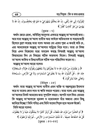 68 eo wkiK : wK I KZ cÖKvi
(hygvi : 3)
A_©vr ‡R‡b †i‡Lv, Awewgkª AvbyMZ¨ GKgvÎ Avj−vn ZvÕAvjviB Rb¨|
Avi hviv Avj−vn ZvÕAvjv e¨ZxZ Ab¨ KvD‡K AwffveK ev mvnvh¨Kvix
wn‡m‡e MªnY K‡i‡Q Zviv e‡jt Avgiv †Zv G‡`i c~Rv G Rb¨B Kwi †h,
Giv Avgv‡`i‡K Avj−vn ZvÕAvjvi mvwbœ‡a¨ wb‡q hv‡e| Zviv †h welq
wb‡q GLb wb‡R‡`i g‡a¨ gZ‡f` Ki‡Q wbðqB Avj−vn ZvÕAvjv
wKqvg‡Zi w`b †m wel‡qi mwVK dvqmvjv w`‡eb| wbðqB Avj−vn
ZvÕAvjv Kvwdi I wg_¨vev`x‡K mwVK c‡_ cwiPvwjZ K‡ib bv|
Avj−vn ZvÕAvjv Av‡iv e‡jbt
(BDbym : 18)
A_©vr Zviv Avj−vn ZvÕAvjv e¨ZxZ Ggb e¨w³ ev e¯‘mg~‡ni Bev`vZ
K‡i hv Zv‡`i †Kvb jvf ev ¶wZ Ki‡Z cv‡ibv| Zviv e‡jt Giv Avj−vn
ZvÕAvjvi wbKU Avgv‡`i Rb¨ mycvwik Ki‡e| Avcwb e‡j w`bt †Zvgiv
wK Avj−vn ZvÕAvjv‡K f~gÊj I b‡fvgÊ‡j Zuvi ARvbv †Kvb wKQy
Rvwb‡q w`‡”Qv? wZwb cweÎ Ges wZwb Zv‡`i wkiK n‡Z A‡bK E‡aŸ©|
wZwb Av‡iv e‡jbt
(hygvi : 43-44)
 
