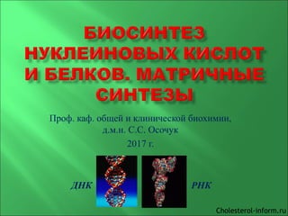 Проф. каф. общей и клинической биохимии,
д.м.н. С.С. Осочук
2017 г.
ДНК РНК
Cholesterol-inform.ru
 