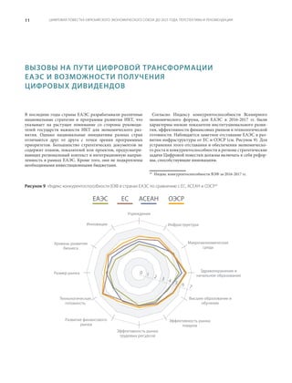 ЦИФРОВАЯ ПОВЕСТКА ЕВРАЗИЙСКОГО ЭКОНОМИЧЕСКОГО СОЮЗА ДО 2025 ГОДА: ПЕРСПЕКТИВЫ И РЕКОМЕНДАЦИИ11
В последние годы страны ЕАЭС разрабатывали различные
национальные стратегии и программы развития ИКТ, что
указывает на растущее понимание со стороны руководи-
телей государств важности ИКТ для экономического раз-
вития. Однако национальные инициативы разных стран
отличаются друг от друга с точки зрения программных
приоритетов. Большинство стратегических документов не
содержит планов, показателей или проектов, предусматри-
вающих региональный контекст и интеграционную направ-
ленность в рамках ЕАЭС. Кроме того, они не подкреплены
необходимыми инвестиционными бюджетами.
28
Согласно Индексу конкурентоспособности Всемирного
экономического форума, для ЕАЭС в 2016-2017 гг. были
характерны низкие показатели институционального разви-
тия, эффективности финансовых рынков и технологической
готовности. Наблюдается заметное отставание ЕАЭС в раз-
витии инфраструктуры от ЕС и ОЭСР (см. Рисунок 9). Для
устранения этого отставания и обеспечения экономическо-
го роста и конкурентоспособности в регионе стратегические
задачи Цифровой повестки должны включать в себя рефор-
мы, способствующие инновациям.
28
	 Индекс конкурентоспособности ВЭФ за 2016-2017 гг.
ВЫЗОВЫ НА ПУТИ ЦИФРОВОЙ ТРАНСФОРМАЦИИ
ЕАЭС И ВОЗМОЖНОСТИ ПОЛУЧЕНИЯ
ЦИФРОВЫХ ДИВИДЕНДОВ
0 1 2 3 4 5 6 7
Учреждения
Инновации Инфраструктура
Макроэкономическая
среда
Здравоохранение и
начальное образование
Высшее образование и
обучение
Эффективность рынка
товаров
Эффективность рынка
трудовых ресурсов
Развитие финансового
рынка
Технологическая
готовность
Уровень развития
бизнеса
Размер рынка
ЕАЭС ЕС АСЕАН ОЭСР
Рисунок 9  Индекс конкурентоспособности ВЭФ в странах ЕАЭС по сравнению с ЕС, АСЕАН и ОЭСР26
 