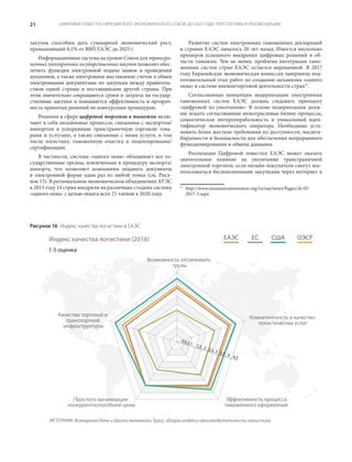 ЦИФРОВАЯ ПОВЕСТКА ЕВРАЗИЙСКОГО ЭКОНОМИЧЕСКОГО СОЮЗА ДО 2025 ГОДА: ПЕРСПЕКТИВЫ И РЕКОМЕНДАЦИИ21
закупок способны дать суммарный экономический рост,
превышающий 0,1% от ВВП ЕАЭС до 2025 г.
Информационная система на уровне Союза для трансгра-
ничныхэлектронныхгосударственныхзакупокпозволитобес-
печить функции электронной подачи заявок и проведения
аукционов, а также электронное выставление счетов и обмен
электронными документами по закупкам между правитель-
ством одной страны и поставщиками другой страны. При
этом значительно сокращаются сроки и затраты на государ-
ственные закупки и повышается эффективность и прозрач-
ность принятых решений по конкурсным процедурам.
Решения в сфере цифровой торговли и таможни вклю-
чают в себя онлайновые процессы, связанные с экспортом/
импортом и ускоряющие трансграничную торговлю това-
рами и услугами, а также связанные с ними услуги, в том
числе логистику, таможенную очистку и лицензирование/
сертификацию.
В частности, система «одного окна» объединяет все го-
сударственные органы, вовлеченные в процедуру экспорта/
импорта, что позволяет компаниям подавать документы
в электронной форме один раз из любой точки (см. Рису-
нок 15). В региональном экономическом объединении АТЭС
к 2013 году 14 стран внедрили на различных стадиях систему
«одного окна» с целью охвата всех 21 членов к 2020 году.
Развитие систем электронных таможенных деклараций
в странах ЕАЭС началось 20 лет назад. Имеется несколько
примеров успешного внедрения цифровых решений в об-
ласти таможни. Тем не менее, проблема интеграции тамо-
женных систем стран ЕАЭС остается нерешенной. В 2017
году Евразийская экономическая комиссия завершила под-
готовительный этап работ по созданию механизма «одного
окна» в системе внешнеторговой деятельности стран37
.
Согласованная концепция модернизации электронных
таможенных систем ЕАЭС должна следовать принципу
«цифровой по умолчанию». В основе модернизации долж-
ны лежать согласованные межотраслевые бизнес-процессы,
семантическая интероперабельность и уникальный иден-
тификатор экономического оператора. Необходимо уста-
новить более жесткие требования по доступности, масшта-
бируемости и безопасности для обеспечения непрерывного
функционирования и обмена данными.
Реализация Цифровой повестки ЕАЭС может оказать
значительное влияние на увеличение трансграничной
электронной торговли, если онлайн-покупатели смогут вос-
пользоваться беспошлинными закупками через интернет в
37
	http://www.eurasiancommission.org/ru/nae/news/Pages/26-05-
2017-5.aspx
Рисунок 16  Индекс качества логистики в ЕАЭС
ЕАЭС ЕС США ОЭСР
1-5 оценка
0 0,5 1 1,5 2 2,5 3 3,5 4 4,5
ИСТОЧНИК: Всемирный банк и Школа экономики Турку, обзоры индекса производительности логистики
Возможность отслеживать
грузы
Компетентность и качество
логистических услуг
Простота организации
конкурентоспособной цены
Качество торговой и
транспортной
инфраструктуры
Индекс качества логистики (2016)
Эффективность процесса
таможенного оформления
 