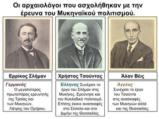 Οι αρχαιολόγοι που ασχολήθηκαν με την
έρευνα του Μυκηναϊκού πολιτισμού.
Ερρίκος Σλήμαν Χρήστος Τσούντας Άλαν Βέις
Γερμανός
Ο μεγαλύτερος
πρωτοπόρος ερευνητής
της Τροίας και
των Μυκηνών.
Λάτρης του Ομήρου.
Έλληνας Συνέχισε το
έργο του Σλήμαν στις
Μυκήνες. Ερεύνησε και
τον Κυκλαδικό πολιτισμό.
Επίσης έκανε ανασκαφές
στο Σέσκλο και στο
Διμήνι της Θεσσαλίας.
Άγγλος
Συνέχισε το έργο
του Τσούντα
στις ανασκαφές
των Μυκηνών αλλά
και της Θεσσαλίας.
 