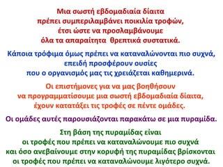Μια σωστή εβδομαδιαία δίαιτα
πρέπει συμπεριλαμβάνει ποικιλία τροφών,
έτσι ώστε να προσλαμβάνουμε
όλα τα απαραίτητα θρεπτικά συστατικά.
Κάποια τρόφιμα όμως πρέπει να καταναλώνονται πιο συχνά,
επειδή προσφέρουν ουσίες
που ο οργανισμός μας τις χρειάζεται καθημερινά.
Οι επιστήμονες για να μας βοηθήσουν
να προγραμματίσουμε μια σωστή εβδομαδιαία δίαιτα,
έχουν κατατάξει τις τροφές σε πέντε ομάδες.
Οι ομάδες αυτές παρουσιάζονται παρακάτω σε μια πυραμίδα.
Στη βάση της πυραμίδας είναι
οι τροφές που πρέπει να καταναλώνουμε πιο συχνά
και όσο ανεβαίνουμε στην κορυφή της πυραμίδας βρίσκονται
οι τροφές που πρέπει να καταναλώνουμε λιγότερο συχνά.
 