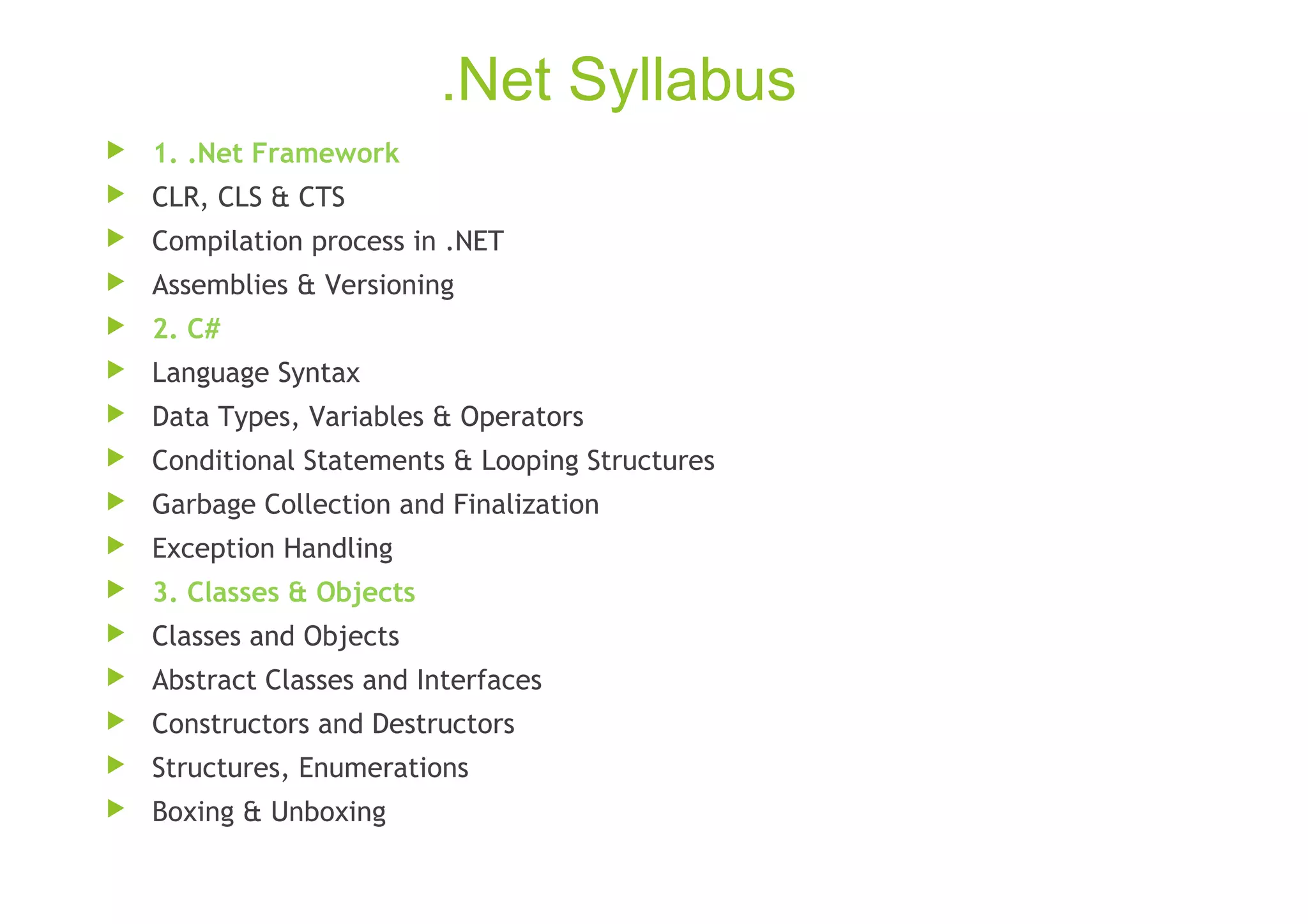 .Net Syllabus
 1. .Net Framework
 CLR, CLS & CTS
 Compilation process in .NET
 Assemblies & Versioning
 2. C#
 Language Syntax
 Data Types, Variables & Operators
 Conditional Statements & Looping Structures
 Garbage Collection and Finalization
 Exception Handling
 3. Classes & Objects
 Classes and Objects
 Abstract Classes and Interfaces
 Constructors and Destructors
 Structures, Enumerations
 Boxing & Unboxing
 