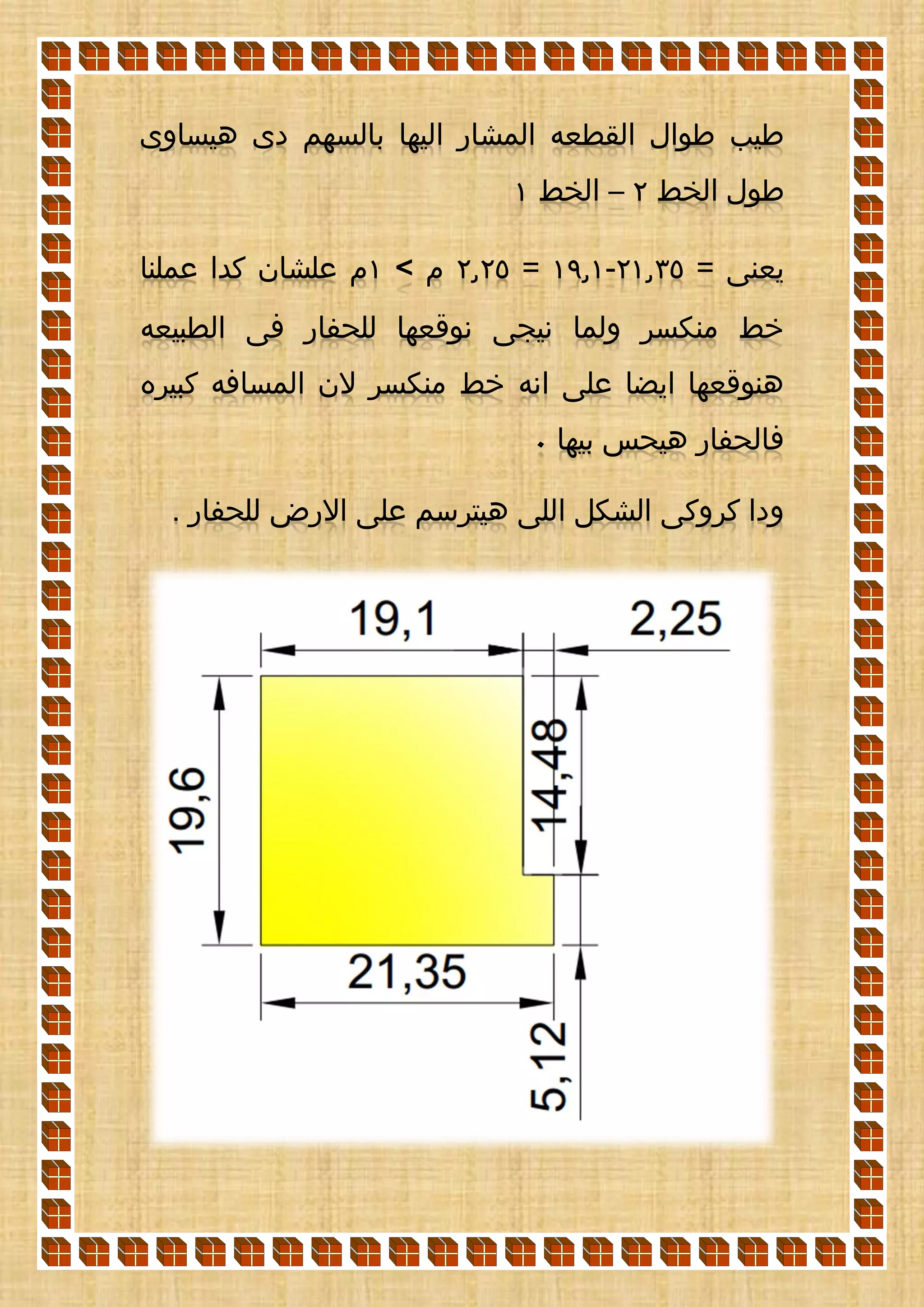 ‫بالسه‬ ‫اليها‬ ‫المشار‬ ‫القطعه‬ ‫طوال‬ ‫طيب‬‫هيساوى‬ ‫دى‬ ‫م‬
‫الخط‬ ‫طول‬2–‫الخط‬1
= ‫يعنى‬21.35-19.1=2.25‫م‬<1‫عملنا‬ ‫كدا‬ ‫علشان‬ ‫م‬
‫منكسر‬ ‫خط‬‫الطبيعه‬ ‫فى‬ ‫للحفار‬ ‫نوقعها‬ ‫نيجى‬ ‫ولما‬
‫كبيره‬ ‫المسافه‬ ‫الن‬ ‫منكسر‬ ‫خط‬ ‫انه‬ ‫على‬ ‫ايضا‬ ‫هنوقعها‬
‫بيها‬ ‫هيحس‬ ‫فالحفار‬0
. ‫للحفار‬ ‫االرض‬ ‫على‬ ‫هيترسم‬ ‫اللى‬ ‫الشكل‬ ‫كروكى‬ ‫ودا‬
 