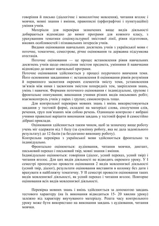 говоріння й письмо (діалогічне і монологічне мовлення), читання вголос і
мовчки, мовні знання і вміння, правописні (орфографічні і пунктуаційні)
уміння учнів.
Матеріали для перевірки зазначених вище видів діяльності
добираються відповідно до вимог програми для кожного класу, з
урахуванням тематики соціокультурної змістової лінії, рівня підготовки,
вікових особливостей і пізнавальних інтересів учнів.
Видами оцінювання навчальних досягнень учнів з української мови є
поточне, тематичне, семестрове, річне оцінювання та державна підсумкова
атестація.
Поточне оцінювання — це процес встановлення рівня навчальних
досягнень учнів щодо оволодіння змістом предмета, уміннями й навичками
відповідно до вимог навчальної програми.
Поточне оцінювання здійснюється у процесі поурочного вивчення теми.
Його основними завданнями є: встановлення й оцінювання рівнів розуміння
й первинного засвоєння окремих елементів змісту теми, установлення
зв’язків між ними і засвоєним змістом попередніх тем, закріплення знань,
умінь і навичок. Формами поточного оцінювання є індивідуальне, групове і
фронтальне опитування; виконання учнями різних видів письмових робіт;
взаємоконтроль учнів у парах і групах; самоконтроль тощо.
Для контрольної перевірки мовних знань і вмінь використовуються
завдання у тестовій формі, складені на матеріалі слова, сполучення слів,
речення, груп пов’язаних між собою речень. Одиницею контролю є вибрані
учнями правильні варіанти виконання завдань у тестовій формі й самостійно
дібрані приклади.
Оцінювання здійснюється таким чином, щоб за зазначену вище роботу
учень міг одержати від 1 балу (за сумлінну роботу, яка не дала задовільного
результату) до 12 балів (за бездоганно виконану роботу).
Контрольна перевірка з української мови здійснюється фронтально та
індивідуально.
Фронтально оцінюються: аудіювання, читання мовчки, диктант,
письмовий переказ і письмовий твір, мовні знання і вміння.
Індивідуально оцінюються: говоріння (діалог, усний переказ, усний твір) і
читання вголос. Для цих видів діяльності не відводять окремого уроку. У І
семестрі пропонуємо провести оцінювання 2 видів мовленнєвої діяльності
(усний твір, діалог), результати оцінювання виставити в колонку без дати і
врахувати в найближчу тематичну. У II семестрі провести оцінювання таких
видів мовленнєвої діяльності, як усний переказ і читання вголос. Повторне
оцінювання всіх видів мовленнєвої діяльності.
Перевірка мовних знань і вмінь здійснюється за допомогою завдань
тестового характеру (на їх виконання відводиться 15- 20 хвилин уроку)
залежно від характеру виучуваного матеріалу. Решта часу контрольного
уроку може бути використано на виконання завдань з аудіювання, читання
мовчки.
 