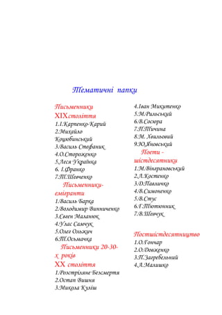 Тематичні папки
Письменники
XIXстоліття
1.І.Карпенко-Карий
2.Михайло
Коцюбинський
3.Василь Стефаник
4.О.Стороженко
5.Леся Українка
6. І.Франко
7.Т.Шевченко
Письменники-
емігранти
1.Василь Барка
2.Володимир Винниченко
3.Євген Маланюк
4.Улас Самчук
5.Олег Ольжич
6.Т.Осьмачка
Письменники 20-30-
х років
XX століття
1.Розстріляне Безсмертя
2.Остап Вишня
3.Микола Куліш
4.Іван Микитенко
5.М.Рильський
6.В.Сосюра
7.П.Тичина
8.М. Хвильовий
9.Ю.Яновський
Поети -
шістдесятники
1.М.Вінграновський
2.Л.Костенко
3.Д.Павличко
4.В.Симоненко
5.В.Стус
6.Г.Тютюнник
7.В.Шевчук
Постшістдесятництво
1.О.Гончар
2.О.Довженко
3.П.Загребельний
4.А.Малишко
 