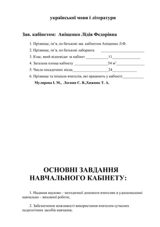 української мови і літератури
Зав. кабінетом: Аніщенко Лідія Федорівна
1. Прізвище, ім’я, по батькові зав. кабінетом Аніщенко Л.Ф.
2. Прізвище, ім’я, по батькові лаборанта _______________________
3. Клас, який відповідає за кабінет ____________11_______________
4. Загальна площа кабінету __________________54 м2
_______________
5. Число посадочних місць___________________24_____________
6. Прізвище та ініціали вчителів, які працюють у кабінеті:___________
Мулярова І. М., Логвин С. В.,Хижняк Т. А.
ОСНОВНІ ЗАВДАННЯ
НАВЧАЛЬНОГО КАБІНЕТУ:
1. Надання науково – методичної допомоги вчителям в удосконаленні
навчально – виховної роботи;
2. Забезпечення можливості використання вчителем сучасних
педагогічних засобів навчання;
 