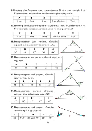 66
9. Периметр рівнобедреного трикутника дорівнює 21 дм, а одна із сторін 9 дм.
Якого значення може набувати найменша сторона трикутника?
А Б В Г Д
3 дм 5 дм 6 дм 3 дм або 6 дм 9 дм
10. Периметр рівнобедреного трикутника дорівнює 24 см, а одна із сторін 4 см.
Якого значення може набувати найбільша сторона трикутника?
А Б В Г Д
4 см 8 см 10 см 10 см або 16 см 16 см
11. Використовуючи дані рисунка, обчисліть
середній за значенням кут трикутника АВС.
А Б В Г Д
30
о
40
о
50
о
70
о
90
о
12. Використовуючи дані рисунка, обчисліть градусну
міру кута х.
А Б В Г Д
55
о
85
о
95
о
135
о
140
о
13. Використовуючи дані рисунка, обчисліть
градусну міру кута х.
А Б В Г Д
35
о
85
о
90
о
95
о
125
о
14. Використовуючи рисунок, обчисліть
градусну міру найменшого кута АВС.
А Б В Г Д
10
о
30
о
35
о
40
о
110
о
15. Використовуючи дані рисунка, обчисліть
значення кута х (у градусах).
А Б В Г Д
50
о
57,5
о
50
о
або 57,5
о
60
о
65
о
 