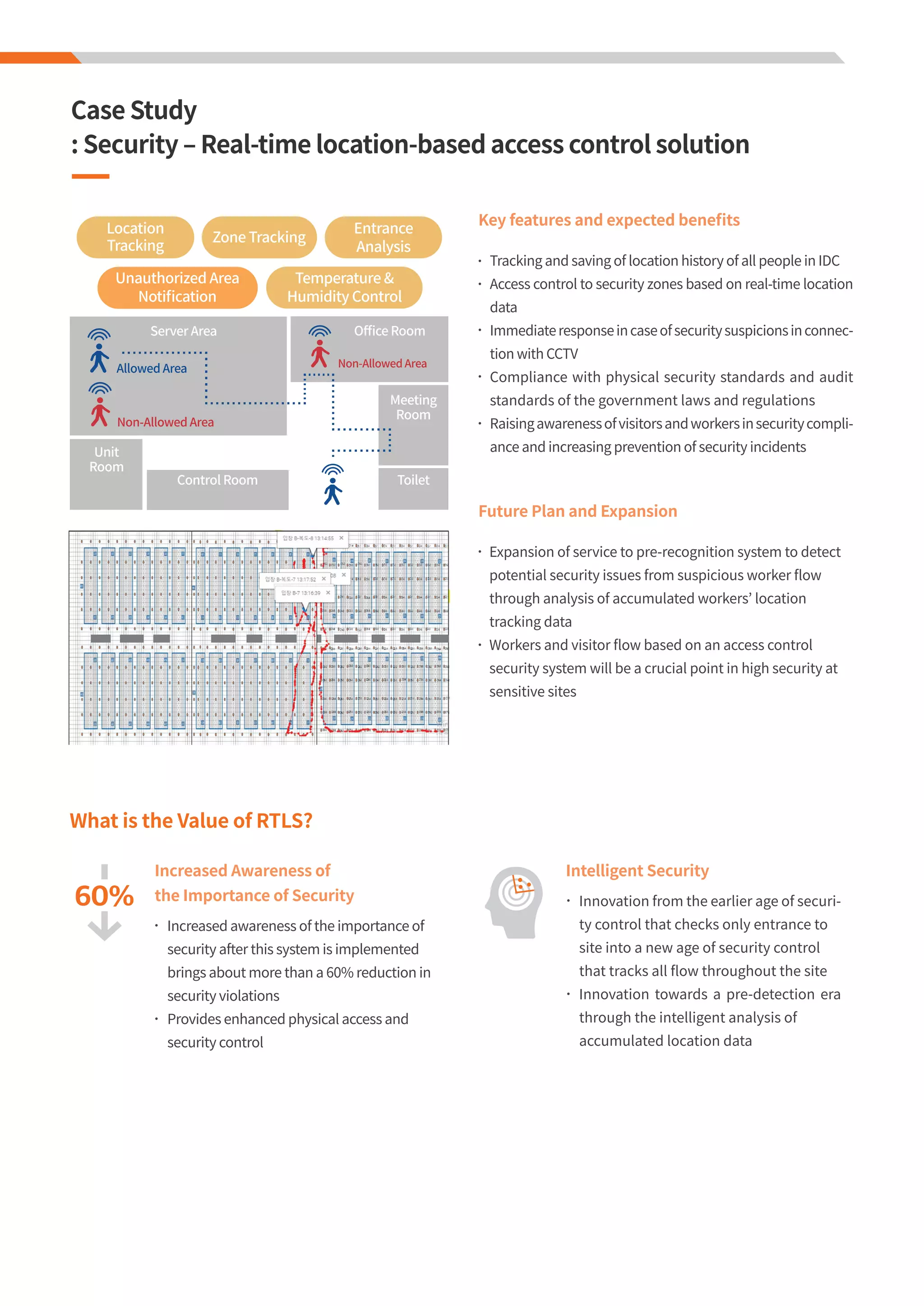 What is the Value of RTLS?
Key features and expected beneﬁts
Tracking and saving of location history of all people in IDC
Access control to security zones based on real-time location
data
Immediateresponseincaseofsecuritysuspicionsinconnec-
tion with CCTV
Compliance with physical security standards and audit
standards of the government laws and regulations
Raisingawarenessofvisitorsandworkersinsecuritycompli-
ance and increasing prevention of security incidents
Future Plan and Expansion
Increased Awareness of
the Importance of Security
Expansion of service to pre-recognition system to detect
potential security issues from suspicious worker ﬂow
through analysis of accumulated workers’ location
tracking data
Workers and visitor ﬂow based on an access control
security system will be a crucial point in high security at
sensitive sites
Increased awareness of the importance of
security after this system is implemented
brings about more than a 60% reduction in
security violations
Provides enhanced physical access and
security control
Intelligent Security
Innovation from the earlier age of securi-
ty control that checks only entrance to
site into a new age of security control
that tracks all ﬂow throughout the site
Innovation towards a pre-detection era
through the intelligent analysis of
accumulated location data
Server Area
Non-Allowed Area
Non-Allowed Area
Allowed Area
Oﬃce Room
Control Room
Unit
Room
Meeting
Room
Toilet
Location
Tracking
Zone Tracking
Entrance
Analysis
Temperature &
Humidity Control
Unauthorized Area
Notiﬁcation
Case Study
: Security ‒ Real-time location-based access control solution
 