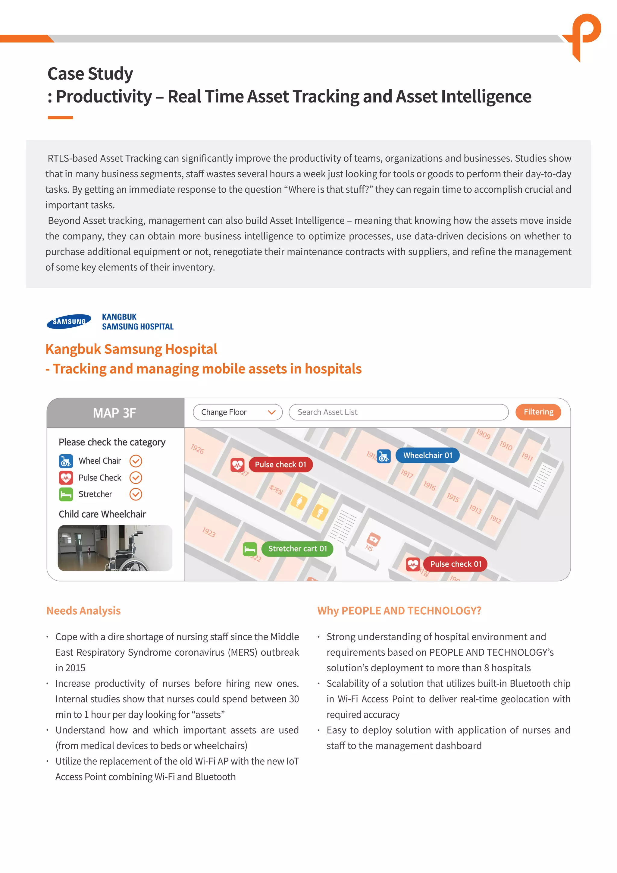 Kangbuk Samsung Hospital
- Tracking and managing mobile assets in hospitals
Needs Analysis
Cope with a dire shortage of nursing staﬀ since the Middle
East Respiratory Syndrome coronavirus (MERS) outbreak
in 2015
Increase productivity of nurses before hiring new ones.
Internal studies show that nurses could spend between 30
min to 1 hour per day looking for “assets”
Understand how and which important assets are used
(from medical devices to beds or wheelchairs)
Utilize the replacement of the old Wi-Fi AP with the new IoT
Access Point combining Wi-Fi and Bluetooth
Why PEOPLE AND TECHNOLOGY?
Strong understanding of hospital environment and
requirements based on PEOPLE AND TECHNOLOGY’s
solution’s deployment to more than 8 hospitals
Scalability of a solution that utilizes built-in Bluetooth chip
in Wi-Fi Access Point to deliver real-time geolocation with
required accuracy
Easy to deploy solution with application of nurses and
staﬀ to the management dashboard
RTLS-based Asset Tracking can signiﬁcantly improve the productivity of teams, organizations and businesses. Studies show
that in many business segments, staﬀ wastes several hours a week just looking for tools or goods to perform their day-to-day
tasks. By getting an immediate response to the question “Where is that stuﬀ?” they can regain time to accomplish crucial and
important tasks.
Beyond Asset tracking, management can also build Asset Intelligence ‒ meaning that knowing how the assets move inside
the company, they can obtain more business intelligence to optimize processes, use data-driven decisions on whether to
purchase additional equipment or not, renegotiate their maintenance contracts with suppliers, and reﬁne the management
of some key elements of their inventory.
Case Study
: Productivity ‒ Real Time Asset Tracking and Asset Intelligence
 