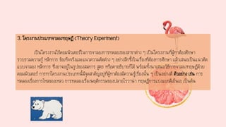 3. โครงงานประเภทจาลองทฤษฎี (Theory Experiment)
เป็นโครงงานใช้คอมพิวเตอร์ในการจาลองการทดลองของสาขาต่าง ๆ เป็นโครงงานที่ผู้ทาต้องศึกษา
รวบรวมความรู้ หลักการ ข้อเท็จจริงและแนวความคิดต่าง ๆ อย่างลึกซึ้งในเรื่องที่ต้องการศึกษา แล้วเสนอเป็นแนวคิด
แบบจาลอง หลักการ ซึ่งอาจอยู่ในรูปของสมการ สูตร หรือคาอธิบายก็ได้ พร้อมทั้งนาเสนอวิธีการจาลองทฤษฎีด้วย
คอมพิวเตอร์ การทาโครงงานประเภทนี้มีจุดสาคัญอยู่ที่ผู้ทาต้องมีความรู้เรื่องนั้น ๆ เป็นอย่างดี ตัวอย่าง เช่น การ
ทดลองเรื่องการไหลของเหลว การทดลองเรื่องพฤติกรรมของปลาอโรวาน่า ทฤษฎีการแบ่งแยกดีเอ็นเอ เป็นต้น
 