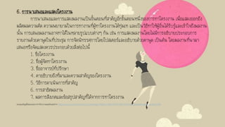 6. การนาเสนอและแสดงโครงงาน
การนาเสนอและการแสดงผลงานเป็นขั้นตอนที่สาคัญอีกขั้นตอนหนึ่งของการทาโครงงาน เพื่อแสดงออกถึง
ผลิตผลความคิด ความพยายามในการทางานที่ผู้ทาโครงงานได้ทุ่มเท และเป็นวิธีทาให้ผู้อื่นได้รับรู้และเข้าใจถึงผลงาน
นั้น การเสนอผลงานอาจทาได้ในหลายรูปแบบต่างๆ กัน เช่น การแสดงผลงานโดยไม่มีการอธิบายประกอบการ
รายงานด้วยคาพูดในที่ประชุม การจัดนิทรรศการโดยโปสเตอร์และอธิบายด้วยคาพูด เป็นต้น โดยผลงานที่นามา
เสนอหรือจัดแสดงควรประกอบด้วยสิ่งต่อไปนี้
1. ชื่อโครงงาน
2. ชื่อผู้จัดทาโครงงาน
3. ชื่ออาจารย์ที่ปรึกษา
4. คาอธิบายถึงที่มาและความสาคัญของโครงงาน
5. วิธีการดาเนินการที่สาคัญ
6. การสาธิตผลงาน
7. ผลการสังเกตและข้อสรุปสาคัญที่ได้จากการทาโครงงาน
ขอบคุณข้อมูลขั้นตอนของการทาโครงงานคอมพิวเตอร์จาก http://www.acr.ac.th/acr/ACR_E-Learning/CAREER_COMPUTER/COMPUTER/M4/ComputerProject/content2.html
 