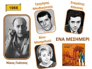 33
1966
ΕΝΑ ΜΕΣΗΜΕΡΙ
Σταμάτης
Κόκοτας
Βίκυ
Μοσχολιού
Νίκος Γκάτσος
Γρηγόρης
Μπιθικώτσης
 