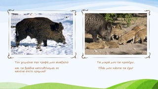 Τον χειμώνα την τροφή μου αναζητώ
και τα βράδια κατευθύνομαι σε
κανένα σπίτι ερημικό!
Τα μικρά μου τα προσέχω,
Πλάι μου πάντα τα έχω!
 