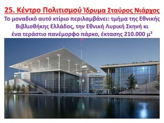 32
25. Κέντρο Πολιτισμού Ίδρυμα Σταύρος Νιάρχος
Το μοναδικό αυτό κτίριο περιλαμβάνει: τμήμα της Εθνικής
Βιβλιοθήκης Ελλάδος, την Εθνική Λυρική Σκηνή κι
ένα τεράστιο πανέμορφο πάρκο, έκτασης 210.000 μ²
 