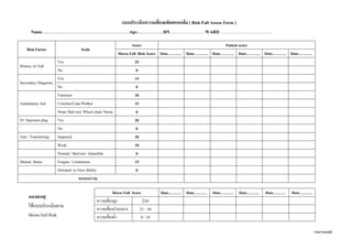 กรมการแพทย์
แบบประเมินความเสี่ยงผลัดตกหกล้ม ( Risk Fall Assess Form )
Name...............................................................................Age........................HN……………………WARD………………………………
Risk Factor Scale
Score Patient score
Morse Fall Risk Score Date……….. Date……….. Date……….. Date……….. Date……….. Date………..
History of Fall
Yes 25
No 0
Secondary Diagnosis
Yes 15
No 0
Ambulatory Aid
Furniture 30
Crutches/Cane/Walker 15
None/ Bed rest/ Wheel chair/ Nurse 0
IV /Injection plug Yes 20
No 0
Gait / Transferring Impaired 20
Weak 10
Normal / Bed rest / Immobile 0
Mental Status Forgets / Limitations 15
Oriented to Own Ability 0
คะแนนรวม
Morse Fall Score Date………. Date………. Date………. Date………. Date………. Date……….
ความเสี่ยงสูง ≥45
ความเสี่ยงปานกลาง 25 – 44
ความเสี่ยงต่่า 0 - 24
หมายเหตุ
ใช้แบบประเมินตาม
Morse Fall Risk
Assessment
 