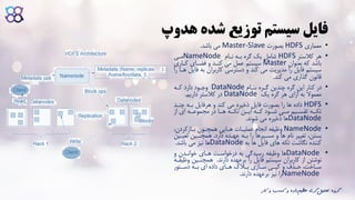 ‫هدوپ‬ ‫شده‬ ‫توزیع‬ ‫سیستم‬ ‫فایل‬
•‫معماری‬HDFS‫بصورت‬Master-Slave‫می‬‫باشد‬.
•‫هر‬‫کالستر‬HDFS‫شامل‬‫ناام‬ ‫باه‬ ‫گره‬ ‫یک‬NameNode‫مای‬
‫بعنوان‬ ‫که‬ ‫باشد‬Master‫کااری‬ ‫فضاای‬ ‫و‬ ‫کناد‬ ‫می‬ ‫عمل‬ ‫سیستم‬
‫به‬ ‫کاربران‬ ‫دسترسی‬ ‫و‬ ‫کند‬ ‫می‬ ‫مدیریت‬ ‫را‬ ‫فایل‬ ‫سیستم‬‫را‬ ‫هاا‬ ‫فایل‬
‫کند‬ ‫می‬ ‫گذاری‬ ‫قانون‬.
•‫در‬‫بناام‬ ‫گاره‬ ‫چندین‬ ‫گره‬ ‫این‬ ‫کنار‬DataNode‫وجاود‬‫کاه‬ ‫دارد‬
‫یک‬ ‫گره‬ ‫هر‬ ‫ازای‬ ‫به‬ ‫معموال‬DataNode‫داریم‬ ‫کالستر‬ ‫در‬.
•HDFS‫داده‬‫چنا‬ ‫باه‬ ‫هرفایل‬ ‫و‬ ‫کند‬ ‫می‬ ‫ذخیره‬ ‫فایل‬ ‫بصورت‬ ‫را‬ ‫ها‬‫د‬
‫از‬ ‫ای‬ ‫مجموعااه‬ ‫در‬ ‫هااا‬ ‫تکااه‬ ‫ایاان‬ ‫کااه‬ ‫شااود‬ ‫ماای‬ ‫تقساایم‬ ‫تکااه‬
DataNode‫ها‬‫شوند‬ ‫می‬ ‫ذخیره‬.
•NameNode‫وظیفه‬،‫باازکردن‬ ‫همچاون‬ ‫هاایی‬ ‫عملیاات‬ ‫انجام‬
‫دارد‬ ‫عهاده‬ ‫باه‬ ‫را‬ ‫مسایرها‬ ‫و‬ ‫ها‬ ‫نام‬ ‫تغییر‬ ،‫بستن‬.‫تعیا‬ ‫همچناین‬‫ین‬
‫به‬ ‫ها‬ ‫فایل‬ ‫های‬ ‫تکه‬ ‫نگاشت‬ ‫کننده‬DataNode‫ها‬‫باشد‬ ‫می‬ ‫نیز‬.
•DataNode‫ها‬‫و‬ ‫خوانادن‬ ‫هاای‬ ‫درخواسات‬ ‫به‬ ‫رسیدگی‬ ‫وظیفه‬
‫دارند‬ ‫برعهده‬ ‫را‬ ‫فایل‬ ‫سیستم‬ ‫کاربران‬ ‫از‬ ‫نوشتن‬.‫و‬ ‫همچناین‬‫ظیفاه‬
‫اتور‬‫ا‬‫دس‬ ‫اه‬‫ا‬‫ب‬ ‫ای‬ ‫داده‬ ‫اای‬‫ا‬‫ه‬ ‫االک‬‫ا‬‫ب‬ ‫اازی‬‫ا‬‫س‬ ‫ای‬‫ا‬‫کپ‬ ‫و‬ ‫اذف‬‫ا‬‫ح‬ ،‫ااخت‬‫ا‬‫س‬
NameNode‫دارند‬ ‫برعهده‬ ‫نیز‬ ‫را‬.
‫ک‬ ‫و‬ ‫کسب‬ ‫و‬ ‫داده‬‫عظیم‬ ‫گری‬‫تحلیل‬ ‫گروه‬‫ار‬
 