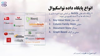 ‫نواسکیوال‬ ‫داده‬ ‫پایگاه‬ ‫انواع‬
•‫های‬ ‫داده‬ ‫پایگاه‬NoSQL‫بر‬‫و‬ ‫سازی‬ ‫ذخیره‬ ‫نوع‬ ‫اساس‬
‫به‬ ‫ها‬ ‫داده‬ ‫ارتباط‬4‫شوند‬ ‫می‬ ‫تقسیم‬ ‫دسته‬:
1. Key-Value Store ‫کلید‬-‫مقدار‬
2. Column Family Store ‫ستونی‬
3. Document Store ‫سندگرا‬
4. Graph Based ‫مبتنی‬‫بر‬‫گراف‬
‫ک‬ ‫و‬ ‫کسب‬ ‫و‬ ‫داده‬‫عظیم‬ ‫گری‬‫تحلیل‬ ‫گروه‬‫ار‬
 