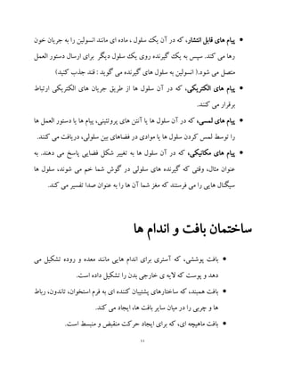 11
‫انتشار‬ ‫قابل‬ ‫های‬ ‫پیام‬‫انسولین‬ ‫مانند‬ ‫ای‬ ‫ماده‬ ، ‫سلول‬ ‫یک‬ ‫آن‬ ‫در‬ ‫که‬ ،‫خون‬ ‫جریان‬ ‫به‬ ‫را‬
‫العمل‬ ‫دستور‬ ‫ارسال‬ ‫برای‬ ‫دیگر‬ ‫سلول‬ ‫یک‬ ‫روی‬ ‫گیرنده‬ ‫یک‬ ‫به‬ ‫سپس‬ .‫کند‬ ‫می‬ ‫رها‬
‫متصل‬)‫کنید‬ ‫جذب‬ ‫قند‬ : ‫گوید‬ ‫می‬ ‫گیرنده‬ ‫های‬ ‫سلول‬ ‫به‬ ‫انسولین‬ (.‫شود‬ ‫می‬
‫الکتریک‬ ‫های‬ ‫پیام‬‫ی‬‫آن‬ ‫در‬ ‫که‬ ،‫ارتباط‬ ‫الکتریکی‬ ‫های‬ ‫جریان‬ ‫طریق‬ ‫از‬ ‫ها‬ ‫سلول‬
.‫کنند‬ ‫می‬ ‫برقرار‬
،‫لمسی‬ ‫های‬ ‫پیام‬‫ها‬ ‫العمل‬ ‫دستور‬ ‫یا‬ ‫ها‬ ‫پیام‬ ،‫پروتئینی‬ ‫های‬ ‫آنتن‬ ‫یا‬ ‫ها‬ ‫سلول‬ ‫آن‬ ‫در‬ ‫که‬
.‫کنند‬ ‫می‬ ‫دریافت‬ ،‫سلولی‬ ‫بین‬ ‫فضاهای‬ ‫در‬ ‫موادی‬ ‫یا‬ ‫ها‬ ‫سلول‬ ‫کردن‬ ‫لمس‬ ‫توسط‬ ‫را‬
،‫مکانیکی‬ ‫های‬ ‫پیام‬‫به‬ .‫دهند‬ ‫می‬ ‫پاسخ‬ ‫فضایی‬ ‫شکل‬ ‫تغییر‬ ‫به‬ ‫ها‬ ‫سلول‬ ‫آن‬ ‫در‬ ‫که‬
‫شما‬ ‫گوش‬ ‫در‬ ‫سلولی‬ ‫های‬ ‫گیرنده‬ ‫که‬ ‫وقتی‬ ،‫مثال‬ ‫عنوان‬‫ها‬ ‫سلول‬ ،‫شوند‬ ‫می‬ ‫خم‬
.‫کند‬ ‫می‬ ‫تفسیر‬ ‫صدا‬ ‫عنوان‬ ‫به‬ ‫را‬ ‫ها‬ ‫آن‬ ‫شما‬ ‫مغز‬ ‫که‬ ‫فرستند‬ ‫می‬ ‫را‬ ‫هایی‬ ‫سیگنال‬
‫ها‬ ‫اندام‬ ‫و‬ ‫بافت‬ ‫ساختمان‬
‫بافت‬‫پوششی‬‫می‬ ‫تشکیل‬ ‫روده‬ ‫و‬ ‫معده‬ ‫مانند‬ ‫هایی‬ ‫اندام‬ ‫برای‬ ‫آستری‬ ‫که‬ ،
‫ی‬ ‫الیه‬ ‫که‬ ‫پوست‬ ‫و‬ ‫دهد‬.‫است‬ ‫داده‬ ‫تشکیل‬ ‫را‬ ‫بدن‬ ‫خارجی‬
‫بافت‬‫ساختار‬ ‫که‬ ،‫همبند‬‫رباط‬ ،‫تاندون‬ ،‫استخوان‬ ‫فرم‬ ‫به‬ ‫ای‬ ‫کننده‬ ‫پشتیبان‬ ‫های‬
.‫کند‬ ‫می‬ ‫ایجاد‬ ،‫ها‬ ‫بافت‬ ‫سایر‬ ‫میان‬ ‫در‬ ‫را‬ ‫چربی‬ ‫و‬ ‫ها‬
‫منبسط‬ ‫و‬ ‫منقبض‬ ‫حرکت‬ ‫ایجاد‬ ‫برای‬ ‫که‬ ،‫ای‬ ‫ماهیچه‬ ‫بافت‬.‫است‬
 