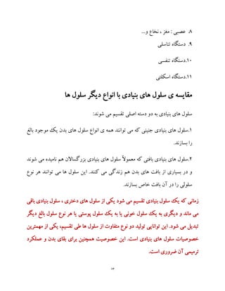 13
8.‫عصبی‬...‫و‬ ‫نخاع‬ ، ‫مغز‬ :
1.‫تناسلی‬ ‫دستگاه‬
19‫تنفسی‬ ‫.دستگاه‬
11‫اسکلتی‬ ‫.دستگاه‬
‫ها‬ ‫سلول‬ ‫دیگر‬ ‫انواع‬ ‫با‬ ‫بنیادی‬ ‫های‬ ‫سلول‬ ‫ی‬ ‫مقایسه‬
:‫شوند‬ ‫می‬ ‫تقسیم‬ ‫اصلی‬ ‫دسته‬ ‫دو‬ ‫به‬ ‫بنیادی‬ ‫های‬ ‫سلول‬
1‫بالغ‬ ‫موجود‬ ‫یک‬ ‫بدن‬ ‫های‬ ‫سلول‬ ‫انواع‬ ‫ی‬ ‫همه‬ ‫توانند‬ ‫می‬ ‫که‬ ‫جنینی‬ ‫بنیادی‬ ‫های‬ ‫.سلول‬
.‫بسازند‬ ‫را‬
2‫شوند‬ ‫می‬ ‫نامیده‬ ‫هم‬ ‫بزرگساالن‬ ‫بنیادی‬ ‫های‬ ‫سلول‬ ً‫ال‬‫معمو‬ ‫که‬ ‫بافتی‬ ‫بنیادی‬ ‫های‬ ‫.سلول‬
‫کنند‬ ‫می‬ ‫زندگی‬ ‫هم‬ ‫بدن‬ ‫های‬ ‫بافت‬ ‫از‬ ‫بسیاری‬ ‫در‬ ‫و‬‫نوع‬ ‫هر‬ ‫توانند‬ ‫می‬ ‫ها‬ ‫سلول‬ ‫این‬ .
.‫بسازند‬ ‫خاص‬ ‫بافت‬ ‫آن‬ ‫در‬ ‫را‬ ‫سلولی‬
‫بنی‬ ‫سلول‬ ، ‫دختری‬ ‫های‬ ‫سلول‬ ‫از‬ ‫یکی‬ ‫شود‬ ‫می‬ ‫تقسیم‬ ‫بنیادی‬ ‫سلول‬ ‫یک‬ ‫که‬ ‫زمانی‬‫باقی‬ ‫ادی‬
‫یا‬ ‫پوستی‬ ‫سلول‬ ‫یک‬ ‫به‬ ‫یا‬ ‫خونی‬ ‫سلول‬ ‫یک‬ ‫به‬ ‫دیگری‬ ‫و‬ ‫ماند‬ ‫می‬‫دیگر‬ ‫بالغ‬ ‫سلول‬ ‫نوع‬ ‫هر‬
‫مهمترین‬ ‫از‬ ‫یکی‬ ،‫تقسیم‬ ‫طی‬ ‫ها‬ ‫سلول‬ ‫از‬ ‫متفاوت‬ ‫نوع‬ ‫دو‬ ‫تولید‬ ‫توانایی‬ ‫این‬ .‫شود‬ ‫می‬ ‫تبدیل‬
‫عملکرد‬ ‫و‬ ‫بدن‬ ‫بقای‬ ‫برای‬ ‫همچنین‬ ‫خصوصیت‬ ‫این‬ .‫است‬ ‫بنیادی‬ ‫های‬ ‫سلول‬ ‫خصوصیات‬
‫اس‬ ‫ضروری‬ ‫آن‬ ‫ترمیمی‬.‫ت‬
 