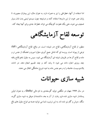 18
‫به‬ ‫نیز‬ ‫را‬ ‫خطراطی‬ ،‫آنها‬ ‫از‬ ‫استفاده‬ ‫اما‬‫مجبورند‬ ‫بیماران‬ ‫این‬ ،‫مثال‬ ‫عنوان‬ ‫به‬ .‫دارد‬ ‫همراه‬‫تا‬
،‫خود‬ ‫عمر‬ ‫پایان‬‫بسیار‬ ‫شان‬ ‫بدن‬ ‫ایمنی‬ ‫سیستم‬ ‫چون‬ ‫درنتیجه‬ ‫و‬ ‫کنند‬ ‫استفاده‬ ‫داروها‬ ‫این‬ ‫از‬
.‫کند‬ ‫ایجاد‬ ‫آنها‬ ‫برای‬ ‫جدی‬ ‫خطراط‬ ‫تواند‬ ‫می‬ ‫کوچک‬ ‫عفونت‬ ‫یک‬ ‫حتی‬ ،‫شود‬ ‫می‬ ‫ضعیف‬
‫آزمایشگاهی‬ ‫لقاح‬ ‫توسعه‬
‫لقا‬ ،‫آزمایشگاهی‬ ‫لقاح‬ ‫از‬ ‫منظور‬‫ح‬«‫شیشه‬ ‫در‬»( ‫آزمایشگاهی‬ ‫لقاح‬ ،‫واقع‬ ‫در‬ .‫است‬IVF)
‫شامل‬ ‫که‬ ‫ای‬ ‫پروسه‬ .‫است‬ ‫پیوند‬ ‫از‬ ‫نوعی‬‫و‬ ‫نر‬ ‫جنس‬ ‫از‬ ‫تخمک‬ ‫و‬ ‫اسپرم‬ ‫سلول‬ ‫آوری‬ ‫جمع‬
‫لقاح‬ ‫تخم‬ ‫سلول‬ ‫به‬ ‫سپس‬ .‫شود‬ ‫می‬ ‫آزمایشگاه‬ ‫ای‬ ‫شیشه‬ ‫ظروف‬ ‫در‬ ‫ها‬ ‫آن‬ ‫لقاح‬ ‫و‬ ‫ماده‬‫یافته‬
،‫ادامه‬ ‫در‬ .‫دهد‬ ‫انجام‬ ‫تقسیم‬ ‫چند‬ ‫و‬ ‫کند‬ ‫رشد‬ ‫تا‬ ‫شود‬ ‫می‬ ‫داده‬ ‫اجازه‬ ‫روزی‬ ‫چند‬
.‫دهند‬ ‫می‬ ‫انتقال‬ ‫حاملگی‬ ‫شروع‬ ‫امید‬ ‫به‬ ‫ماده‬ ‫جنس‬ ‫رحم‬ ‫به‬ ‫را‬ ‫حاصله‬ ‫بالستوسیست‬
‫حیوانات‬ ‫سازی‬ ‫شبیه‬
‫سال‬ ‫در‬1116( ‫دالی‬ ‫نام‬ ‫به‬ ‫گوسفندی‬ ‫تولید‬ ‫شگفتی‬ ‫در‬ ‫جهان‬Dolly)‫اولین‬ ‫عنوان‬ ‫به‬ ،
‫پستاندار‬،‫گربه‬ ‫سازی‬ ‫شبیه‬ ‫به‬ ‫موفق‬ ‫دانشمندان‬ ،‫بعد‬ ‫به‬ ‫آن‬ ‫از‬ .‫رفت‬ ‫فرو‬ ‫شده‬ ‫سازی‬ ‫شبیه‬
‫توانید‬ ‫می‬ ‫شما‬ ،‫ترتیب‬ ‫این‬ ‫به‬ .‫اند‬ ‫شده‬ ‫نیز‬ ‫گاو‬ ‫و‬ ‫موش‬ ، ‫سگ‬‫بالغ‬ ‫های‬ ‫سلول‬ ‫انواع‬ ‫ی‬ ‫هسته‬
 