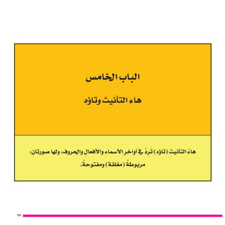 23
‫اخلام�س‬ ‫الباب‬
‫ؤه‬�‫وتا‬ ‫أنيث‬�‫الت‬ ‫هاء‬
: ِ‫�صورتان‬ ‫ولها‬ ،‫واحلروف‬ ِ‫أفعال‬‫ل‬‫وا‬ ِ‫أ�سماء‬‫ل‬‫ا‬ِ‫أواخر‬� ‫يف‬ ُ‫د‬ ِ‫ر‬َ‫ت‬ )‫ؤه‬�‫(تا‬ ِ‫أنيث‬�‫الت‬ ُ‫هاء‬
. ٌ‫ومفتوحة‬ )‫(مغلقة‬ ٌ‫مربوطة‬
 