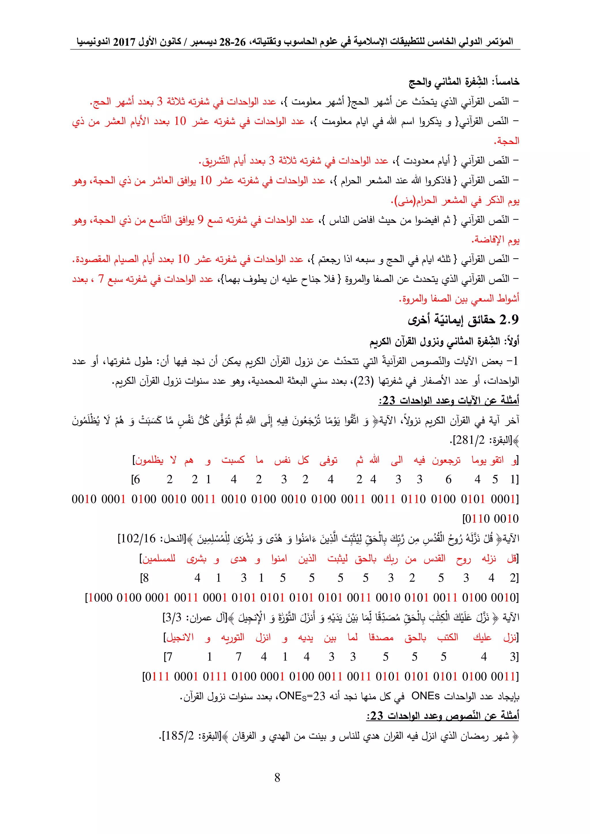 ‫المؤتمر‬،‫وتقنياته‬ ‫الحاسوب‬ ‫علوم‬ ‫في‬ ‫اإلسالمية‬ ‫للتطبيقات‬ ‫الخامس‬ ‫الدولي‬26-28‫ديسمبر‬/‫كانون‬‫األول‬2017‫اندونيسيا‬
8
:ً‫ا‬‫خامس‬‫الحج‬‫و‬ ‫المثاني‬ ‫ة‬‫فر‬ ِّ‫الش‬
-،} ‫معلومت‬ ‫أشهر‬ {‫الحج‬ ‫أشهر‬ ‫عن‬ ‫ث‬‫يتحد‬ ‫الذي‬ ‫آني‬‫ر‬‫الق‬ ‫ص‬‫الن‬‫ثالثة‬ ‫ته‬‫ر‬‫شف‬ ‫في‬ ‫احدات‬‫و‬‫ال‬ ‫عدد‬3.‫الحج‬ ‫أشهر‬ ‫بعدد‬
-،} ‫معلومت‬ ‫ايام‬ ‫في‬ ‫هللا‬ ‫اسم‬ ‫ا‬‫و‬‫يذكر‬ ‫و‬ {‫آني‬‫ر‬‫الق‬ ‫ص‬‫الن‬‫عشر‬ ‫ته‬‫ر‬‫شف‬ ‫في‬ ‫احدات‬‫و‬‫ال‬ ‫عدد‬10‫ذي‬ ‫من‬ ‫العشر‬ ‫األيام‬ ‫بعدد‬
.‫الحجة‬
-،} ‫معدودت‬ ‫أيام‬ { ‫آني‬‫ر‬‫الق‬ ‫ص‬‫الن‬‫الو‬ ‫عدد‬‫ثالثة‬ ‫ته‬‫ر‬‫شف‬ ‫في‬ ‫احدات‬3.‫يق‬‫ر‬‫ش‬‫الت‬ ‫أيام‬ ‫بعدد‬
-،} ‫ام‬‫ر‬‫الح‬ ‫المشعر‬ ‫عند‬ ‫هللا‬ ‫ا‬‫و‬‫فاذكر‬ { ‫آني‬‫ر‬‫الق‬ ‫ص‬‫الن‬‫عشر‬ ‫ته‬‫ر‬‫شف‬ ‫في‬ ‫احدات‬‫و‬‫ال‬ ‫عدد‬10‫وهو‬ ،‫الحجة‬ ‫ذي‬ ‫من‬ ‫العاشر‬ ‫افق‬‫و‬‫ي‬
.)‫ام(منى‬‫ر‬‫الح‬ ‫المشعر‬ ‫في‬ ‫الذكر‬ ‫يوم‬
-،} ‫الناس‬ ‫افاض‬ ‫حيث‬ ‫من‬ ‫ا‬‫و‬‫افيض‬ ‫ثم‬ { ‫آني‬‫ر‬‫الق‬ ‫ص‬‫الن‬‫في‬ ‫احدات‬‫و‬‫ال‬ ‫عدد‬‫تسع‬ ‫ته‬‫ر‬‫شف‬9‫وهو‬ ،‫الحجة‬ ‫ذي‬ ‫من‬ ‫اسع‬‫الت‬ ‫افق‬‫و‬‫ي‬
.‫اإلفاضة‬ ‫يوم‬
-،} ‫رجعتم‬ ‫اذا‬ ‫سبعه‬ ‫و‬ ‫الحج‬ ‫في‬ ‫ايام‬ ‫ثلثه‬ { ‫آني‬‫ر‬‫الق‬ ‫ص‬‫الن‬‫عشر‬ ‫ته‬‫ر‬‫شف‬ ‫في‬ ‫احدات‬‫و‬‫ال‬ ‫عدد‬10.‫المقصودة‬ ‫الصيام‬ ‫أيام‬ ‫بعدد‬
-،}‫بهما‬ ‫يطوف‬ ‫ان‬ ‫عليه‬ ‫جناح‬ ‫فال‬ { ‫المروة‬‫و‬ ‫الصفا‬ ‫عن‬ ‫يتحدث‬ ‫الذي‬ ‫آني‬‫ر‬‫الق‬ ‫ص‬‫الن‬‫احدات‬‫و‬‫ال‬ ‫عدد‬‫سبع‬ ‫ته‬‫ر‬‫شف‬ ‫في‬7‫بعدد‬ ،
.‫المروة‬‫و‬ ‫الصفا‬ ‫بين‬ ‫السعي‬ ‫اط‬‫و‬‫أش‬
9.2‫ة‬‫إيماني‬ ‫حقائق‬‫ى‬‫أخر‬
:ً‫ال‬‫و‬‫أ‬‫و‬ ‫المثاني‬ ‫ة‬‫فر‬ ِّ‫الش‬‫الكريم‬ ‫آن‬‫ر‬‫الق‬ ‫نزول‬
1-‫يم‬‫ر‬‫الك‬ ‫آن‬‫ر‬‫الق‬ ‫نزول‬ ‫عن‬ ‫ث‬‫تتحد‬ ‫التي‬ ‫آنية‬‫ر‬‫الق‬ ‫صوص‬‫الن‬‫و‬ ‫اآليات‬ ‫بعض‬:‫أن‬ ‫فيها‬ ‫نجد‬ ‫أن‬ ‫يمكن‬‫عدد‬ ‫أو‬ ،‫تها‬‫ر‬‫شف‬ ‫طول‬
‫في‬ ‫األصفار‬ ‫عدد‬ ‫أو‬ ،‫احدات‬‫و‬‫ال‬( ‫تها‬‫ر‬‫شف‬23.‫الكريم‬ ‫آن‬‫ر‬‫الق‬ ‫نزول‬ ‫ات‬‫و‬‫سن‬ ‫عدد‬ ‫وهو‬ ،‫المحمدية‬ ‫البعثة‬ ‫سني‬ ‫بعدد‬ ،)
‫احدات‬‫و‬‫ال‬ ‫وعدد‬ ‫اآليات‬ ‫عن‬ ‫أمثلة‬23:
‫ا‬َّ‫م‬ ٍ‫س‬ْ‫ف‬َ‫ن‬ ُّ‫ل‬ُ‫ك‬ َٰ‫ى‬َّ‫ف‬َ‫و‬ُ‫ت‬ َّ‫م‬ُ‫ث‬ َِّّ‫َّللا‬ ‫ى‬َ‫ل‬ِّ‫إ‬ ِّ‫يه‬ِّ‫ف‬ َ‫ن‬‫و‬ُ‫ع‬َ‫ج‬ْ‫ر‬ُ‫ت‬ ‫ا‬ً‫م‬ ْ‫و‬َ‫ي‬ ‫ا‬‫و‬ُ‫ق‬َّ‫ت‬‫ا‬ َ‫و‬ ﴿‫اآلية‬ ،ً‫ال‬‫و‬‫نز‬ ‫يم‬‫ر‬‫الك‬ ‫آن‬‫ر‬‫الق‬ ‫في‬ ‫آية‬ ‫آخر‬َ‫ال‬ ْ‫م‬ُ‫ه‬ َ‫و‬ ْ‫ت‬َ‫ب‬ َ‫س‬َ‫ك‬َ‫ن‬‫و‬ُ‫م‬َ‫ل‬ْ‫ظ‬ُ‫ي‬
:‫ة‬‫ر‬‫﴾[البق‬2/281.]
[‫ال‬ ‫هم‬ ‫و‬ ‫كسبت‬ ‫ما‬ ‫نفس‬ ‫كل‬ ‫توفى‬ ‫ثم‬ ‫هللا‬ ‫الى‬ ‫فيه‬ ‫ن‬‫ترجعو‬ ‫يوما‬ ‫اتقو‬ ‫و‬‫ن‬‫يظلمو‬]
[15463342423241226]
[000101010100011000110011010000100100001000110010010000010010
00100110]
ِّ‫ل‬ ْ‫س‬ُ‫م‬ْ‫ل‬ِّ‫ل‬ َٰ‫ى‬َ‫ر‬ ْ‫ش‬ُ‫ب‬ َ‫و‬ ‫ى‬ً‫د‬ُ‫ه‬ َ‫و‬ ‫ا‬‫و‬ُ‫ن‬َ‫ام‬َ‫ء‬ َ‫ين‬ِّ‫ذ‬َّ‫ال‬ َ‫ت‬ِّ‫ب‬َ‫ث‬ُ‫ي‬ِّ‫ل‬ ِّ‫ق‬َ‫ح‬ْ‫ل‬‫ا‬ِّ‫ب‬ َ‫ِّك‬‫ب‬َّ‫ر‬ ‫ن‬ِّ‫م‬ ِّ‫س‬ُ‫د‬ُ‫ق‬ْ‫ل‬‫ا‬ ُ‫ح‬‫و‬ُ‫ر‬ ُ‫ه‬َ‫ل‬َّ‫ز‬َ‫ن‬ ْ‫ل‬ُ‫ق‬ ﴿‫اآلية‬:‫﴾[النحل‬ َ‫ين‬ِّ‫م‬16/102]
[‫الذين‬ ‫ليثبت‬ ‫بالحق‬ ‫بك‬‫ر‬ ‫من‬ ‫القدس‬ ‫ح‬‫رو‬ ‫له‬‫ز‬‫ن‬ ‫قل‬‫للمسلمين‬ ‫ى‬‫بشر‬ ‫و‬ ‫هدى‬ ‫و‬ ‫ا‬‫و‬‫امن‬]
[243523555513148]
[001001000011010100100011010101010101010100010011000101001000]
ُ‫م‬ ِّ‫ق‬َ‫ح‬ْ‫ل‬‫ا‬ِّ‫ب‬ َ‫ب‬ََٰ‫ت‬ِّ‫ك‬ْ‫ل‬‫ا‬ َ‫ك‬ْ‫ي‬َ‫ل‬َ‫ع‬ َ‫ل‬َّ‫ز‬َ‫ن‬ ﴿ ‫اآلية‬:‫ان‬‫ر‬‫عم‬ ‫﴾[آل‬ َ‫يل‬ِّ‫نج‬ِّْ‫اإل‬ َ‫و‬ َ‫ة‬ََٰ‫ر‬ْ‫و‬َّ‫ت‬‫ال‬ َ‫ل‬َ‫َنز‬‫أ‬ َ‫و‬ ِّ‫ه‬ْ‫ي‬َ‫د‬َ‫ي‬ َ‫ن‬ْ‫ي‬َ‫ب‬ ‫ا‬َ‫م‬ِّ‫ل‬ ‫ا‬ً‫ق‬ِّ‫د‬ َ‫ص‬3/3]
[‫االنجيل‬ ‫و‬ ‫يه‬‫ر‬‫التو‬ ‫انزل‬ ‫و‬ ‫يديه‬ ‫بين‬ ‫لما‬ ‫مصدقا‬ ‫بالحق‬ ‫الكتب‬ ‫عليك‬ ‫نزل‬]
[3455533414717]
[0011010001010101010100110011010000010100011100010111]
‫احدات‬‫و‬‫ال‬ ‫عدد‬ ‫بإيجاد‬ONEs‫منها‬ ‫كل‬ ‫في‬‫أنه‬ ‫نجد‬=23SONE.‫آن‬‫ر‬‫الق‬ ‫نزول‬ ‫ات‬‫و‬‫سن‬ ‫بعدد‬ ،
‫احدات‬‫و‬‫ال‬ ‫وعدد‬ ‫صوص‬‫الن‬ ‫عن‬ ‫أمثلة‬23:
‫للناس‬ ‫هدي‬ ‫ان‬‫ر‬‫الق‬ ‫فيه‬ ‫انزل‬ ‫الذي‬ ‫رمضان‬ ‫شهر‬ ﴿:‫ة‬‫ر‬‫﴾[البق‬ ‫الفرقان‬ ‫و‬ ‫الهدي‬ ‫من‬ ‫بينت‬ ‫و‬2/185.]
 