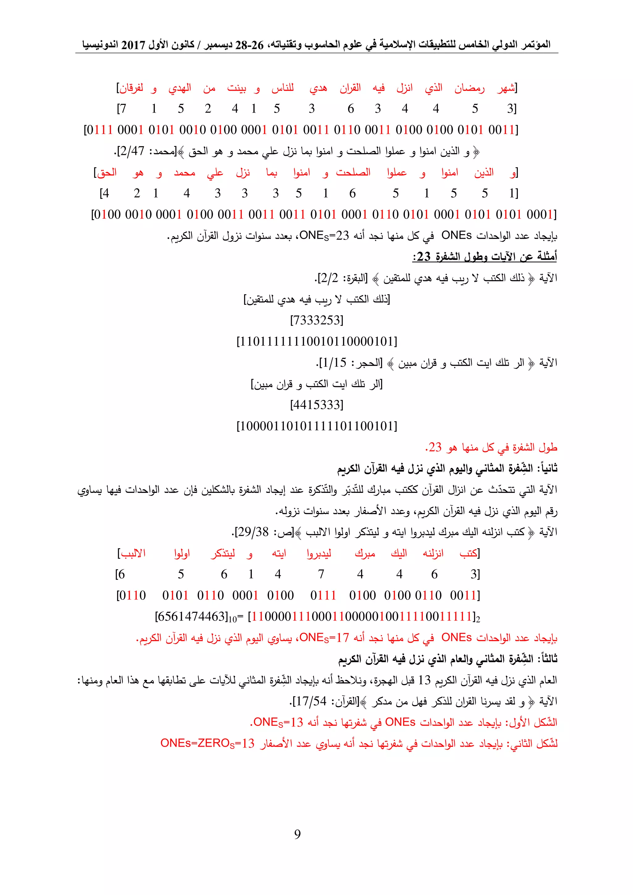 ‫المؤتمر‬،‫وتقنياته‬ ‫الحاسوب‬ ‫علوم‬ ‫في‬ ‫اإلسالمية‬ ‫للتطبيقات‬ ‫الخامس‬ ‫الدولي‬26-28‫ديسمبر‬/‫كانون‬‫األول‬2017‫اندونيسيا‬
9
[‫قان‬‫ر‬‫لف‬ ‫و‬ ‫الهدي‬ ‫من‬ ‫بينت‬ ‫و‬ ‫للناس‬ ‫هدي‬ ‫ان‬‫ر‬‫الق‬ ‫فيه‬ ‫انزل‬ ‫الذي‬ ‫رمضان‬ ‫شهر‬]
[35443635142517]
[00110101010001000011011000110101000101000010010100010111]
:‫﴾[محمد‬ ‫الحق‬ ‫هو‬ ‫و‬ ‫محمد‬ ‫علي‬ ‫نزل‬ ‫بما‬ ‫ا‬‫و‬‫امن‬ ‫و‬ ‫الصلحت‬ ‫ا‬‫و‬‫عمل‬ ‫و‬ ‫ا‬‫و‬‫امن‬ ‫الذين‬ ‫و‬ ﴿47/2.]
[‫الحق‬ ‫هو‬ ‫و‬ ‫محمد‬ ‫علي‬ ‫نزل‬ ‫بما‬ ‫ا‬‫و‬‫امن‬ ‫و‬ ‫الصلحت‬ ‫ا‬‫و‬‫عمل‬ ‫و‬ ‫ا‬‫و‬‫امن‬ ‫الذين‬ ‫و‬]
[155156153334124]
[000101010101000101010110000101010011001100110100000100100100]
‫احدات‬‫و‬‫ال‬ ‫عدد‬ ‫بإيجاد‬ONEs‫منها‬ ‫كل‬ ‫في‬‫أنه‬ ‫نجد‬=23SONE.‫يم‬‫ر‬‫الك‬ ‫آن‬‫ر‬‫الق‬ ‫نزول‬ ‫ات‬‫و‬‫سن‬ ‫بعدد‬ ،
‫ة‬‫الشفر‬ ‫وطول‬ ‫اآليات‬ ‫عن‬ ‫أمثلة‬23:
‫اآلية‬:‫ة‬‫ر‬‫[البق‬ ﴾ ‫للمتقين‬ ‫هدي‬ ‫فيه‬ ‫يب‬‫ر‬ ‫ال‬ ‫الكتب‬ ‫ذلك‬ ﴿2/2.]
]‫للمتقين‬ ‫هدي‬ ‫فيه‬ ‫يب‬‫ر‬ ‫ال‬ ‫الكتب‬ ‫[ذلك‬
[7333253]
[11011111110010110000101]
‫اآلية‬:‫[الحجر‬ ﴾ ‫مبين‬ ‫ان‬‫ر‬‫ق‬ ‫و‬ ‫الكتب‬ ‫ايت‬ ‫تلك‬ ‫الر‬ ﴿15/1.]
]‫مبين‬ ‫ان‬‫ر‬‫ق‬ ‫و‬ ‫الكتب‬ ‫ايت‬ ‫تلك‬ ‫[الر‬
[4415333]
[10000110101111101100101]
‫هو‬ ‫منها‬ ‫كل‬ ‫في‬ ‫ة‬‫ر‬‫الشف‬ ‫طول‬23.
‫الكريم‬ ‫آن‬‫ر‬‫الق‬ ‫فيه‬ ‫نزل‬ ‫الذي‬ ‫اليوم‬‫و‬ ‫المثاني‬ ‫ة‬‫فر‬ ِّ‫الش‬ :ً‫ا‬‫ثاني‬
‫يساوي‬ ‫فيها‬ ‫احدات‬‫و‬‫ال‬ ‫عدد‬ ‫فإن‬ ‫بالشكلين‬ ‫ة‬‫ر‬‫الشف‬ ‫إيجاد‬ ‫عند‬ ‫ة‬‫ر‬‫ذك‬‫الت‬‫و‬ ‫ر‬‫دب‬‫للت‬ ‫مبارك‬ ‫ككتب‬ ‫آن‬‫ر‬‫الق‬ ‫ال‬‫ز‬‫ان‬ ‫عن‬ ‫ث‬‫تتحد‬ ‫التي‬ ‫اآلية‬
‫الذي‬ ‫اليوم‬ ‫رقم‬.‫نزوله‬ ‫ات‬‫و‬‫سن‬ ‫بعدد‬ ‫األصفار‬ ‫وعدد‬ ،‫يم‬‫ر‬‫الك‬ ‫آن‬‫ر‬‫الق‬ ‫فيه‬ ‫نزل‬
‫اآلية‬:‫﴾[ص‬ ‫االلبب‬ ‫ا‬‫و‬‫اول‬ ‫ليتذكر‬ ‫و‬ ‫ايته‬ ‫ا‬‫و‬‫ليدبر‬ ‫مبرك‬ ‫اليك‬ ‫لنه‬‫ز‬‫ان‬ ‫كتب‬ ﴿38/29.]
[‫االلبب‬ ‫ا‬‫و‬‫اول‬ ‫ليتذكر‬ ‫و‬ ‫ايته‬ ‫ا‬‫و‬‫ليدبر‬ ‫مبرك‬ ‫اليك‬ ‫لنه‬‫ز‬‫ان‬ ‫كتب‬]
[3644741656]
[0011011001000100011101000001011001010110]
2[111110011110010000011000111000011= ]10[6561474463]
‫احدات‬‫و‬‫ال‬ ‫عدد‬ ‫بإيجاد‬ONEs‫منها‬ ‫كل‬ ‫في‬‫أنه‬ ‫نجد‬17=SONE.‫يم‬‫ر‬‫الك‬ ‫آن‬‫ر‬‫الق‬ ‫فيه‬ ‫نزل‬ ‫الذي‬ ‫اليوم‬ ‫يساوي‬ ،
‫الكريم‬ ‫آن‬‫ر‬‫الق‬ ‫فيه‬ ‫نزل‬ ‫الذي‬ ‫العام‬‫و‬ ‫المثاني‬ ‫ة‬‫فر‬ ِّ‫الش‬ :ً‫ا‬‫ثالث‬
‫يم‬‫ر‬‫الك‬ ‫آن‬‫ر‬‫الق‬ ‫فيه‬ ‫نزل‬ ‫الذي‬ ‫العام‬13‫بإيجاد‬ ‫أنه‬ ‫ونالحظ‬ ،‫ة‬‫ر‬‫الهج‬ ‫قبل‬‫ة‬‫ر‬‫ف‬ ِّ‫الش‬:‫ومنها‬ ‫العام‬ ‫هذا‬ ‫مع‬ ‫تطابقها‬ ‫على‬ ‫لآليات‬ ‫المثاني‬
‫اآلية‬‫للذكر‬ ‫ان‬‫ر‬‫الق‬ ‫نا‬‫ر‬‫يس‬ ‫لقد‬ ‫و‬ ﴿:‫آن‬‫ر‬‫﴾[الق‬ ‫مدكر‬ ‫من‬ ‫فهل‬54/17.]
‫احدات‬‫و‬‫ال‬ ‫عدد‬ ‫بإيجاد‬ :‫األول‬ ‫كل‬‫الش‬ONEs‫أنه‬ ‫نجد‬ ‫تها‬‫ر‬‫شف‬ ‫في‬=13SONE.
‫بإيجاد‬ :‫الثاني‬ ‫كل‬‫لش‬‫األصفار‬ ‫عدد‬ ‫يساوي‬ ‫أنه‬ ‫نجد‬ ‫تها‬‫ر‬‫شف‬ ‫في‬ ‫احدات‬‫و‬‫ال‬ ‫عدد‬13=SZERO=ONEs
 