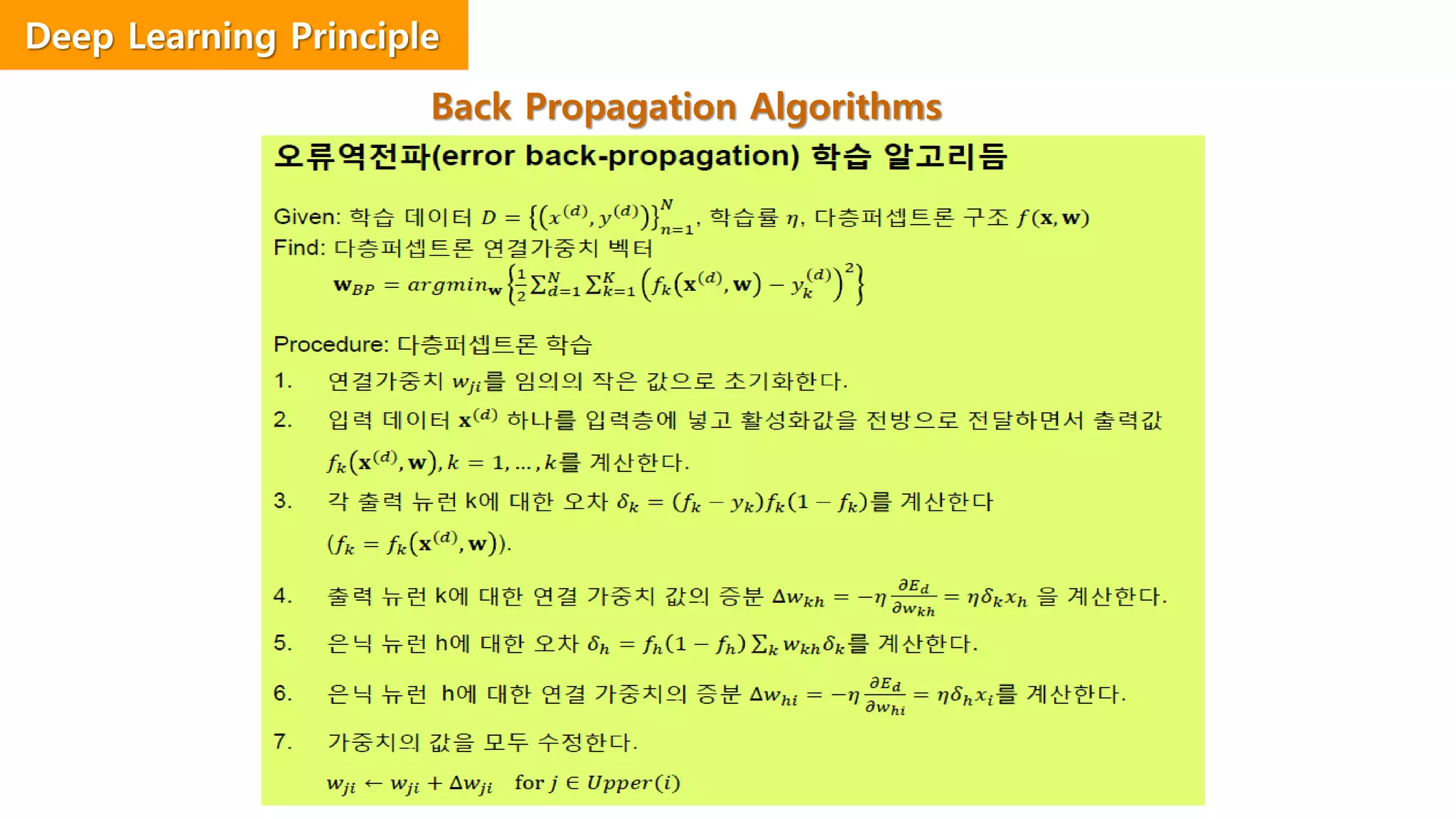 Back Propagation Algorithms
Deep Learning Principle
 