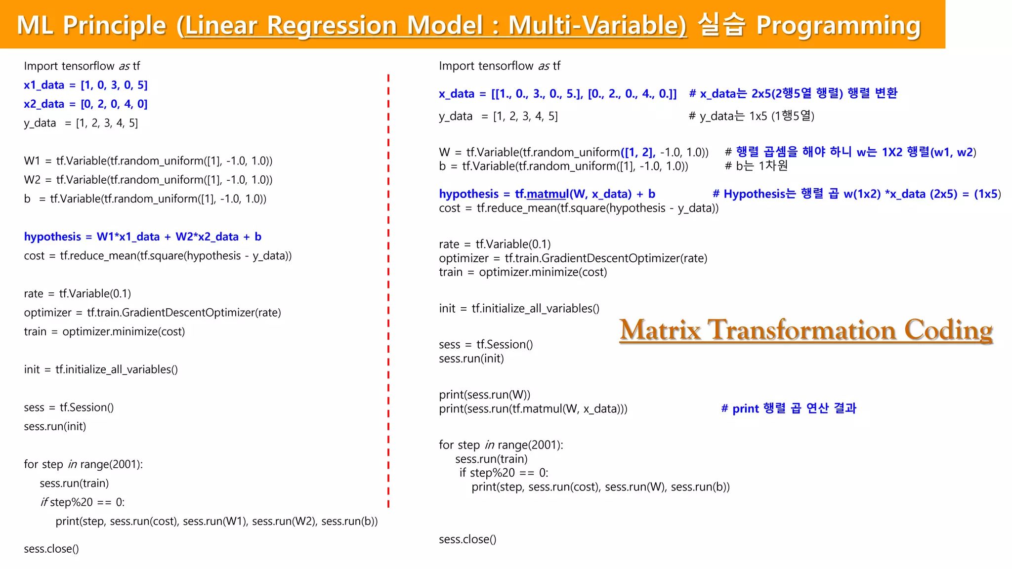 Import tensorflow as tf
x1_data = [1, 0, 3, 0, 5]
x2_data = [0, 2, 0, 4, 0]
y_data = [1, 2, 3, 4, 5]
W1 = tf.Variable(tf.random_uniform([1], -1.0, 1.0))
W2 = tf.Variable(tf.random_uniform([1], -1.0, 1.0))
b = tf.Variable(tf.random_uniform([1], -1.0, 1.0))
hypothesis = W1*x1_data + W2*x2_data + b
cost = tf.reduce_mean(tf.square(hypothesis - y_data))
rate = tf.Variable(0.1)
optimizer = tf.train.GradientDescentOptimizer(rate)
train = optimizer.minimize(cost)
init = tf.initialize_all_variables()
sess = tf.Session()
sess.run(init)
for step in range(2001):
sess.run(train)
if step%20 == 0:
print(step, sess.run(cost), sess.run(W1), sess.run(W2), sess.run(b))
sess.close()
Import tensorflow as tf
x_data = [[1., 0., 3., 0., 5.], [0., 2., 0., 4., 0.]] # x_data는 2x5(2행5열 행렬) 행렬 변환
y_data = [1, 2, 3, 4, 5] # y_data는 1x5 (1행5열)
W = tf.Variable(tf.random_uniform([1, 2], -1.0, 1.0)) # 행렬 곱셈을 해야 하니 w는 1X2 행렬(w1, w2)
b = tf.Variable(tf.random_uniform([1], -1.0, 1.0)) # b는 1차원
hypothesis = tf.matmul(W, x_data) + b # Hypothesis는 행렬 곱 w(1x2) *x_data (2x5) = (1x5)
cost = tf.reduce_mean(tf.square(hypothesis - y_data))
rate = tf.Variable(0.1)
optimizer = tf.train.GradientDescentOptimizer(rate)
train = optimizer.minimize(cost)
init = tf.initialize_all_variables()
sess = tf.Session()
sess.run(init)
print(sess.run(W))
print(sess.run(tf.matmul(W, x_data))) # print 행렬 곱 연산 결과
for step in range(2001):
sess.run(train)
if step%20 == 0:
print(step, sess.run(cost), sess.run(W), sess.run(b))
sess.close()
Matrix Transformation Coding
ML Principle (Linear Regression Model : Multi-Variable) 실습 Programming
 
