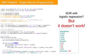 XOR with
logistic regression?
But
it doesn’t work!
x_data = np.array([[0, 0], [0, 1], [1, 0], [1, 1]], dtype=np.float32)
y_data = np.array([[0], [1], [1], [0]], dtype=np.float32)
X = tf.placeholder(tf.float32)
Y = tf.placeholder(tf.float32)
W = tf.Variable(tf.random_normal([2, 1]), name='weight')
b = tf.Variable(tf.random_normal([1]), name='bias')
# Hypothesis using sigmoid: tf.div(1., 1. + tf.exp(tf.matmul(X, W)))
hypothesis = tf.sigmoid(tf.matmul(X, W) + b)
# cost/loss function
cost = -tf.reduce_mean(Y * tf.log(hypothesis) + (1 - Y) * tf.log(1 - hypothesis))
train = tf.train.GradientDescentOptimizer(learning_rate=0.1).minimize(cost)
# Accuracy computation
# True if hypothesis>0.5 else False
predicted = tf.cast(hypothesis > 0.5, dtype=tf.float32)
accuracy = tf.reduce_mean(tf.cast(tf.equal(predicted, Y), dtype=tf.float32))
# Launch graph
with tf.Session() as sess:
# Initialize TensorFlow variables
sess.run(tf.global_variables_initializer())
for step in range(10001):
sess.run(train, feed_dict={X: x_data, Y: y_data})
if step % 100 == 0:
print(step, sess.run(cost, feed_dict={X: x_data, Y: y_data}), sess.run(W))
# Accuracy report
h, c, a = sess.run([hypothesis, predicted, accuracy], feed_dict={X: x_data, Y: y_data})
print("nHypothesis: ", h, "nCorrect: ", c, "nAccuracy: ", a)
Hypothesis:
[[ 0.5]
[ 0.5]
[ 0.5]
[ 0.5]]
Correct:
[[ 0.]
[ 0.]
[ 0.]
[ 0.]]
Accuracy: 0.5
XOR Problem : Single Neuron Programming
 