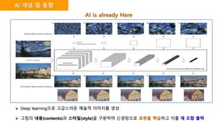 AI 개념 및 동향
AI is already Here
 Deep learning으로 고급스러운 예술적 이미지를 생성
 그림의 내용(contents)과 스타일(style)을 구분하여 신경망으로 표현을 학습하고 이를 재 조합 출력
 