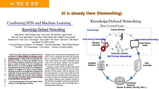 AI 개념 및 동향
AI is already Here (Networking)
Combining SDN and Machine Learning
2
KNOWLEDGE
CONTROL
DATA
MANAGEMENT
Intent
language
Forwarding elements
SDN
controller
Analytics
platform
Machine
learning
HumandecisionKnowledge
Automaticdecision
Knowledge-Defined Networking
Basic Control Loop
Human decision
Intent Based
Policy
Automatic Decision
Machine
Learning
SDN
Controller
Analytics
Platform
Forwarding
Elements
(Router & Switch, Security, WLC…)
(Self Driving Networking)
(Self Learning Networking) (Intent Based Networking)
 