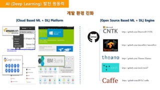 AI (Deep Learning) 발전 원동력
개발 환경 진화
[Cloud Based ML + DL] Platform [Open Source Based ML + DL] Engine
 