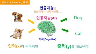 인공지능을
단순화해서 생각해보면…….
Dog
Cat
입력(x)이 주어지면 출력(y)을 내보낸다.
인공지능(AI)
인지(Cognitive)
Machine Learning 개념
 