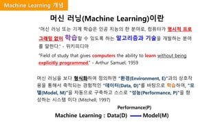 “머신 러닝 또는 기계 학습은 인공 지능의 한 분야로, 컴퓨터가 명시적 프로
그래밍 없이 학습할 수 있도록 하는 알고리즘과 기술을 개발하는 분야
를 말한다.” - 위키피디아
“Field of study that gives computers the ability to learn without being
explicitly programmed.” - Arthur Samuel, 1959
머신 러닝(Machine Learning)이란
Machine Learning 개념
머신 러닝을 보다 형식화하여 정의하면 “환경(Environment, E)”과의 상호작
용을 통해서 축적되는 경험적인 “데이터(Data, D)”를 바탕으로 학습하여, “모
델(Model, M)”을 자동으로 구축하고 스스로 “성능(Performance, P)”을 향
상하는 시스템 이다 (Mitchell, 1997)
Machine Learning : Data(D) Model(M)
Performance(P)
 