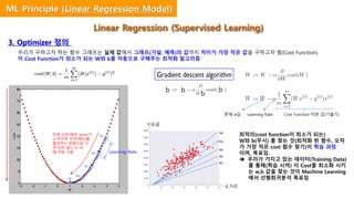 X:거리
Y:요금
최적의(cost function이 최소가 되는)
W와 b(무시) 를 찾는 것(최적화 된 함수, 오차
가 가장 적은 cost 함수 찾기)이 학습 과정
이며, 목표임.
 우리가 가지고 있는 데이터(Training Data)
를 통해(학습 시켜) 이 Cost를 최소화 시키
는 w,b 값을 찾는 것이 Machine Learning
에서 선형회귀분석 목표임
우리가 구하고자 하는 함수 그래프는 실제 값에서 그래프(가설, 예측)의 값까지 차이가 가장 작은 값을 구하고자 함(Cost Function).
이 Cost Function가 최소가 되는 W와 b를 자동으로 구해주는 최적화 알고리즘
3. Optimizer 정의
현재 w값 Learning Rate Cost Function 미분 값(기울기)
w1
w2
w3
w4
w5
w1
w2
w3
w4
Learning Rate
w5
현재 오차(에러) point가
w1이라면 오차(에러)를
줄여주는 방향으로 가
면 되지 않느냐! 이
때 미분 사용
b b
b
b
Linear Regression (Supervised Learning)
ML Principle (Linear Regression Model)
 