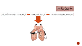 ‫لل‬ ‫متص‬ُ‫ت‬ ‫ومنها‬ ‫الهوائية‬ ‫الحويصالت‬ ‫الى‬ ‫فتصل‬ ‫التنفس‬ ‫جهاز‬ ‫الى‬ ‫لتدخل‬ ‫استنشاقها‬ ‫يتم‬ ‫المحروقة‬ ‫المواد‬‫دم‬
::‫معلومة‬::
 