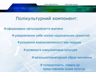 Полікультурний компонент:
www.kubg.edu.ua www.ippo.org.ua
сформоване світосприйняття вчителя
усвідомлення себе носієм національних цінностей
розуміння взаємозалежності між людьми
розвинута комунікативна культура
загальнопланетарний образ мислення
толерантність, повага до
представників інших культур
 