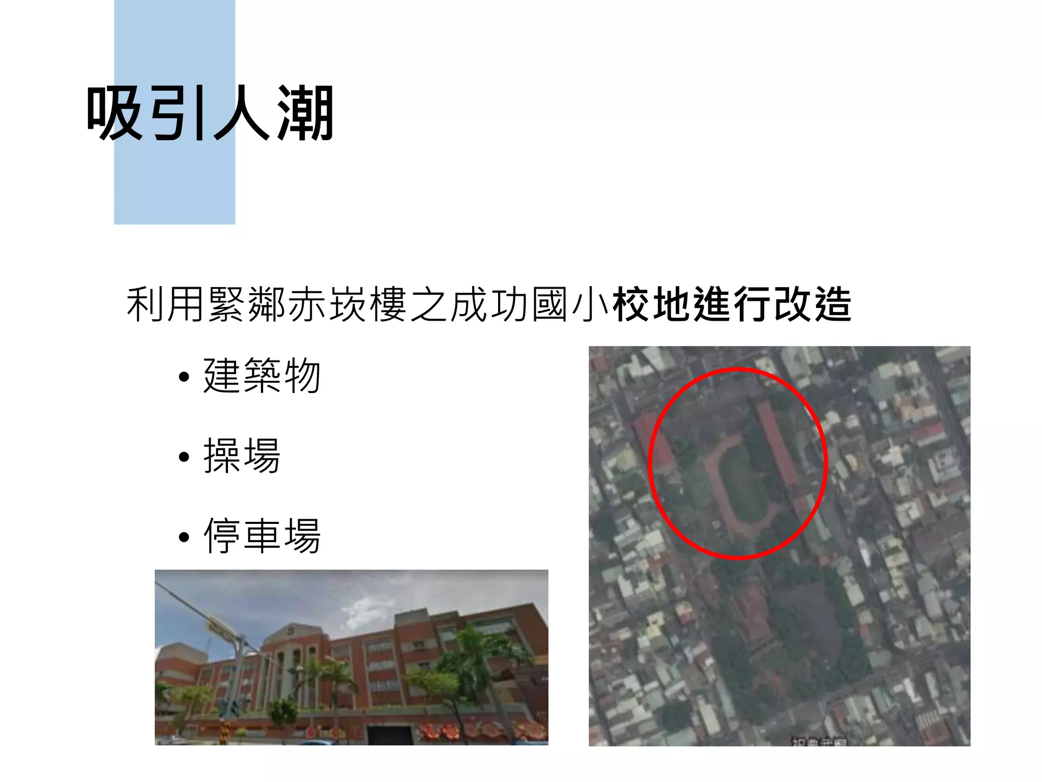 吸引人潮
利用緊鄰赤崁樓之成功國小校地進行改造
• 建築物
• 操場
• 停車場
 