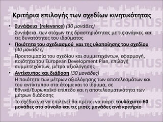 Κριτήρια επιλογής των σχεδίων κινητικότητας
• Συνάφεια (relevance) (30 μονάδες)
Συνάφεια των στόχων της δραστηριότητας με τις ανάγκες και
τις δυνατότητες του ιδρύματος
• Ποιότητα του σχεδιασμού και της υλοποίησης του σχεδίου
(40 μονάδες)
Προετοιμασία του σχεδίου και συμμετεχόντων, εφαρμογή,
ποιότητα του European Development Plan, επιλογή
συμμετεχόντων, μέτρα αξιολόγησης
• Αντίκτυπος και διάδοση (30 μονάδες)
Η ποιότητα των μέτρων αξιολόγησης των αποτελεσμάτων και
του αντίκτυπου στα άτομα και το ίδρυμα, σε
Εθνικό/Ευρωπαϊκό επίπεδο και η αποτελεσματικότητα των
μέτρων διάδοσης
Το σχέδιο για να επιλεγεί θα πρέπει να πάρει τουλάχιστο 60
μονάδες στο σύνολο και τις μισές μονάδες ανά κριτήριο
 
