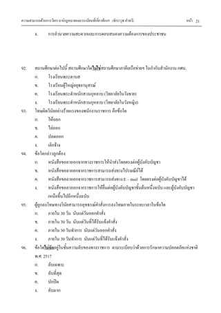 ความสามารถด้านการวิเคราะห์กฎหมายและระเบียบที่เกี่ยวข้องฯ (จักราวุธ คาทวี) หน้า 21
ง. การอานวยความสะดวกและการตอบสนองความต้องการของประชาชน
92. สถานศึกษาต่อไปนี้ สถานศึกษาใดไม่ใช่สถานศึกษาภาคีเครือข่ายฯ ในกากับสานักงาน กศน.
ก. โรงเรียนพระดาบส
ข. โรงเรียนผู้ใหญ่อยุธยานุสรณ์
ค. โรงเรียนพระตาหนักสวนกุหลาบ (วิทยาลัยในวังชาย)
ง. โรงเรียนพระตาหนักสวนกุหลาบ (วิทยาลัยในวังหญิง)
93. โทษผิดวินัยอย่างร้ายแรงของพนักงานราชการ คือข้อใด
ก. ให้ออก
ข. ไล่ออก
ค. ปลดออก
ง. เลิกจ้าง
94. ข้อใดกล่าวถูกต้อง
ก. หนังสือขอลาออกจากทางราชการให้นาส่งโดยตรงต่อผู้บังคับบัญชา
ข. หนังสือขอลาออกจากราชการสามารถส่งทางไปรษณีย์ได้
ค. หนังสือขอลาออกจากราชการสามารถส่งทาง E – mail โดยตรงต่อผู้บังคับบัญชาได้
ง. หนังสือขอลาออกจากราชการให้ยื่นต่อผู้บังคับบัญชาชั้นต้นหนึ่งฉบับ และผู้บังคับบัญชา
เหนือขึ้นไปอีกหนึ่งฉบับ
95. ผู้ถูกลงโทษทางวินัยสามารถอุทธรณ์คาสั่งการลงโทษภายในระยะเวลาในข้อใด
ก. ภายใน 30 วัน นับแต่วันออกคาสั่ง
ข. ภายใน 30 วัน นับแต่วันที่ได้รับแจ้งคาสั่ง
ค. ภายใน 30 วันทาการ นับแต่วันออกคาสั่ง
ง. ภายใน 30 วันทาการ นับแต่วันที่ได้รับแจ้งคาสั่ง
96. ข้อใดไม่จัดอยู่ในชั้นความลับของทางราชการ ตามระเบียบว่าด้วยการรักษาความปลอดภัยแห่งชาติ
พ.ศ. 2517
ก. ลับเฉพาะ
ข. ลับที่สุด
ค. ปกปิด
ง. ลับมาก
 
