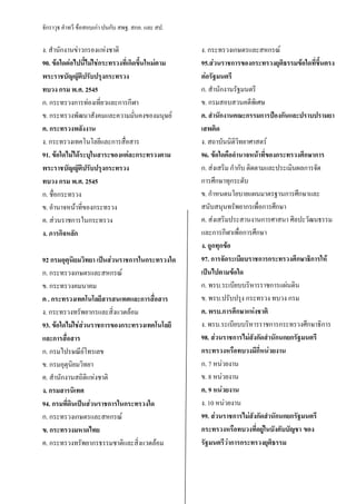 จักราวุธ คาทวี ข้อสอบเก่า ปนกับ สพฐ. สกอ. และ สป.
ง. สานักงานข่าวกรองแห่งชาติ
90. ข้อใดต่อไปนี้ไม่ใช่กระทรวงที่เกิดขึ้นใหม่ตาม
พระราชบัญญัติปรับปรุงกระทรวง
ทบวง กรม พ.ศ. 2545
ก. กระทรวงการท่องเที่ยวและการกีฬา
ข. กระทรวงพัฒนาสังคมและความมั่นคงของมนุษย์
ค. กระทรวงพลังงาน
ง. กระทรวงเทคโนโลยีและการสื่อสาร
91. ข้อใดไม่ได้ระบุในสาระของแต่ละกระทรวงตาม
พระราชบัญญัติปรับปรุงกระทรวง
ทบวง กรม พ.ศ. 2545
ก. ชื่อกระทรวง
ข. อานาจหน้าที่ของกระทรวง
ค. ส่วนราชการในกระทรวง
ง. ภารกิจหลัก
92 กรมอุตุนิยมวิทยา เป็นส่วนราชการในกระทรวงใด
ก. กระทรวงเกษตรและสหกรณ์
ข. กระทรวงคมนาคม
ค . กระทรวงเทคโนโลยีสารสนเทศและการสื่อสาร
ง. กระทรวงทรัพยากรและสิ่งแวดล้อม
93. ข้อใดไม่ใช่ส่วนราชการของกระทรวงเทคโนโลยี
และการสื่อสาร
ก. กรมไปรษณีย์โทรเลข
ข. กรมอุตุนิยมวิทยา
ค. สานักงานสถิติแห่งชาติ
ง. กรมสารนิเทศ
94. กรมที่ดินเป็นส่วนราชการในกระทรวงใด
ก. กระทรวงเกษตรและสหกรณ์
ข. กระทรวงมหาดไทย
ค. กระทรวงทรัพยากรธรรมชาติและสิ่งแวดล้อม
ง. กระทรวงเกษตรและสหกรณ์
95.ส่วนราชการของกระทรวงยุติธรรมข้อใดที่ขึ้นตรง
ต่อรัฐมนตรี
ก. สานักงานรัฐมนตรี
ข. กรมสอบสวนคดีพิเศษ
ค. สานักงานคณะกรรมการป้องกันและปราบปรามยา
เสพติด
ง. สถาบันนิติวิทยาศาสตร์
96. ข้อใดคืออานาจหน้าที่ของกระทรวงศึกษาการ
ก. ส่งเสริม กากับ ติดตามและประเมินผลการจัด
การศึกษาทุกระดับ
ข. กาหนดนโยบายแผนมาตรฐานการศึกษาและ
สนับสนุนทรัพยากรเพื่อการศึกษา
ค. ส่งเสริมประสานงานการศาสนา ศิลปะวัฒนธรรม
และการกีฬาเพื่อการศึกษา
ง. ถูกทุกข้อ
97. การจัดระเบียบราชการกระทรวงศึกษาธิการให้
เป็นไปตามข้อใด
ก. พรบ.ระเบียบบริหารราชการแผ่นดิน
ข. พรบ.ปรับปรุง กระทรวง ทบวง กรม
ค. พรบ.การศึกษาแห่งชาติ
ง. พรบ.ระเบียบบริหารราชการกระทรวงศึกษาธิการ
98. ส่วนราชการไม่สังกัดสานักนกยกรัฐมนตรี
กระทรวงหรือทบวงมีกี่หน่วยงาน
ก. 7 หน่วยงาน
ข. 8 หน่วยงาน
ค. 9 หน่วยงาน
ง. 10 หน่วยงาน
99. ส่วนราชการไม่สังกัดสานักนกยกรัฐมนตรี
กระทรวงหรือทบวงที่อยู่ในบังคับบัญชา ของ
รัฐมนตรีว่าการกระทรวงยุติธรรม
 