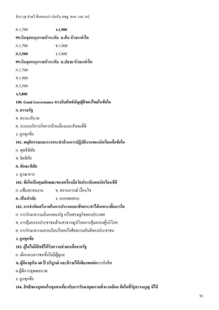 จักราวุธ คาทวี ข้อสอบเก่า ปนกับ สพฐ. สกอ. และ สป.
91
ค.1,700 ง.1,900
99.เงินอุดหนุนรายหัวระดับ ม.ต้น หัวละเท่าใด
ก.1,700 ข.1,900
ค.3,500 ง.3,800
99.เงินอุดหนุนรายหัวระดับ ม.ปลาย หัวละเท่าใด
ก.1,700
ข.1,900
ค.3,500
ง.3,800
100. Good Governance ตรงกับศัพท์บัญญัติของไทยในข้อใด
ก. ธรรมรัฐ
ข. ธรรมาภิบาล
ค. ระบบบริหารกิจการบ้านเมืองและสังคมที่ดี
ง. ถูกทุกข้อ
101. พฤติกรรมและการกระทาด้านการปฏิบัติงานของนักเรียนคือข้อใด
ก. พุทธิพิสัย
ข. จิตพิสัย
ค. ทักษะพิสัย
ง. บูรณาการ
102. ข้อใดเป็นคุณลักษณะของเครื่องมือวัดประเมินผลนักเรียนทีดี
ก. แฟ้มสะสมงาน ข. สถานการณ์ เงื่อนไข
ค. เป็นปรนัย ง. แบบทดสอบ
102. การจากัดเสรีภาพในการประกอบอาชีพกระทาได้เฉพาะเพื่อการใด
ก. การรักษาความมั่นคงของรัฐ หรือเศรษฐกิจของประเทศ
ข. การคุ้มครองประชาชนด้านสาธารณูปโภคการคุ้มครองผู้บริโภค
ค. การรักษาความสงบเรียบร้อยหรือศีลธรรมอันดีของประชาชน
ง. ถูกทุกข้อ
103. ผู้ใดไม่มีสิทธิได้รับความช่วยเหลือจากรัฐ
ก. เด็กและเยาวชนซึ่งไม่มีผู้ดูแล
ข. ผู้มีอายุเกิน 60 ปี บริบูรณ์ และมีรายได้เพียงพอต่อการยังชีพ
ค.ผู้พิการทุพพลภาพ
ง. ถูกทุกข้อ
104. สิทธิของบุคคลในชุมชนเกี่ยวกับการรักษาคุณภาพสิ่งแวดล้อม ข้อใดที่รัฐธรรมนูญ มิได้
 