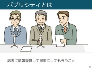 パブリシティとは
記者に情報提供して記事にしてもらうこと
17
 
