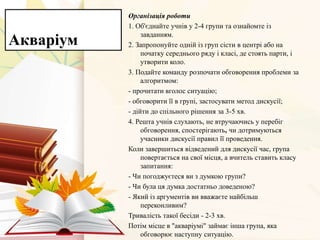 Акваріум
Організація роботи
1. Об'єднайте учнів у 2-4 групи та ознайомте із
завданням.
2. Запропонуйте одній із груп сісти в центрі або на
початку середнього ряду і класі, де стоять парти, і
утворити коло.
3. Подайте команду розпочати обговорення проблеми за
алгоритмом:
- прочитати вголос ситуацію;
- обговорити її в групі, застосувати метод дискусії;
- дійти до спільного рішення за 3-5 хв.
4. Решта учнів слухають, не втручаючись у перебіг
обговорення, спостерігають, чи дотримуються
учасники дискусії правил її проведення.
Коли завершиться відведений для дискусії час, група
повертається на свої місця, а вчитель ставить класу
запитання:
- Чи погоджуєтеся ви з думкою групи?
- Чи була ця думка достатньо доведеною?
- Який із аргументів ви вважаєте найбільш
переконливим?
Тривалість такої бесіди - 2-3 хв.
Потім місце в "акваріумі" займає інша група, яка
обговорює наступну ситуацію.
 