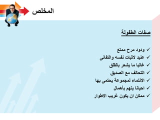 ‫المخلص‬
‫الطفولة‬ ‫صفات‬
‫ممتع‬ ‫مرح‬ ‫ودود‬
‫والتفانى‬ ‫نفسه‬ ‫الثبات‬ ‫عنٌد‬
‫بالقلق‬ ‫ٌشعر‬ ‫ما‬ ‫ؼالبا‬
‫الصدٌق‬ ‫مع‬ ‫التحالؾ‬
‫بها‬ ‫ٌحتمى‬ ‫لمجموعة‬ ‫االنتماء‬
‫بأهمال‬ ‫ٌتهم‬ ‫احٌانا‬
‫االطوار‬ ‫ؼرٌب‬ ‫ٌكون‬ ‫ان‬ ‫ممكن‬
 