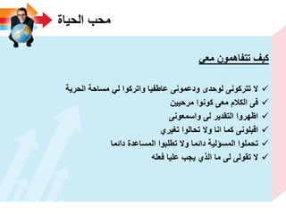 ‫الحٌاة‬ ‫محب‬
ً‫مع‬ ‫تتفاهمون‬ ‫كٌؾ‬
‫الحرٌة‬ ‫مساحة‬ ً‫ل‬ ‫واتركوا‬ ‫عاطفٌا‬ ‫ودعمونى‬ ‫لوحدى‬ ‫تتركونى‬ ‫ال‬
‫مرحٌٌن‬ ‫كونوا‬ ‫معى‬ ‫الكالم‬ ‫فى‬
‫واسمعونى‬ ‫لى‬ ‫التقدٌر‬ ‫اظهروا‬
‫تؽٌري‬ ‫تحالوا‬ ‫وال‬ ‫انا‬ ‫كما‬ ‫اقبلونى‬
‫دائما‬ ‫المساعدة‬ ‫تطلبوا‬ ‫وال‬ ‫دائما‬ ‫المسؤلٌة‬ ‫تحملوا‬
‫فعله‬ ‫علٌا‬ ‫ٌجب‬ ‫الذي‬ ‫ما‬ ‫لى‬ ‫تقولى‬ ‫ال‬
 