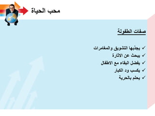 ‫الحٌاة‬ ‫محب‬
‫الطفولة‬ ‫صفات‬
‫والمؽامرات‬ ‫التشوٌق‬ ‫ٌجذبها‬
‫االثارة‬ ‫عن‬ ‫ٌبحث‬
‫االطفال‬ ‫مع‬ ‫البقاء‬ ‫ٌفضل‬
‫الكبار‬ ‫ود‬ ‫ٌكسب‬
‫بالحرٌة‬ ‫ٌحلم‬
 